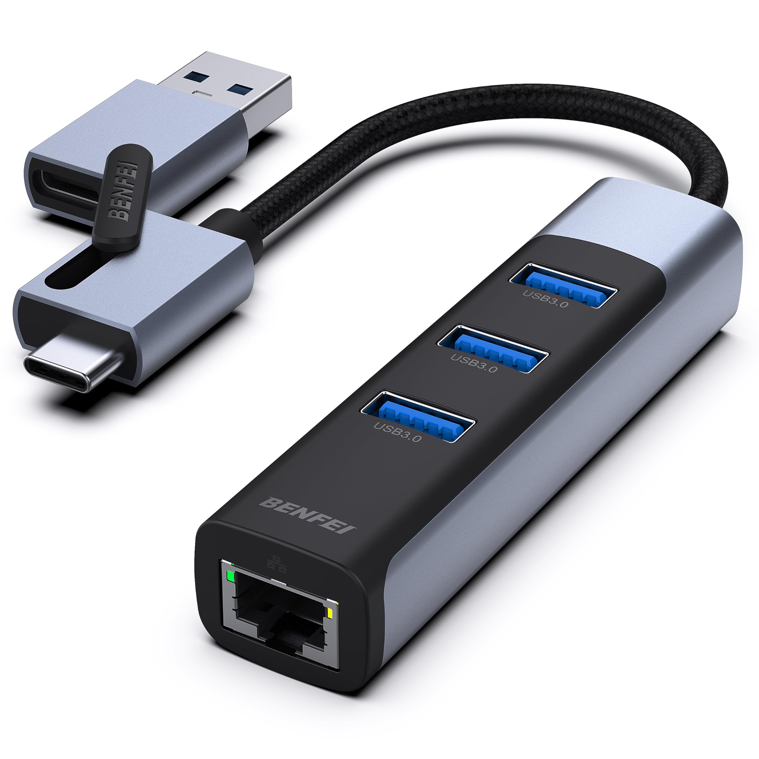 BENFEI 2-in-1 USB-C & USB 3.0 to Gigabit Ethernet Adapter with 3 USB 3.0 Ports - Compatible with iPhone 15 Series, MacBook Pro/Air 2023-2019, iPad Pro & More - Fast Wired Internet for Home Office, Gaming & Video Streaming