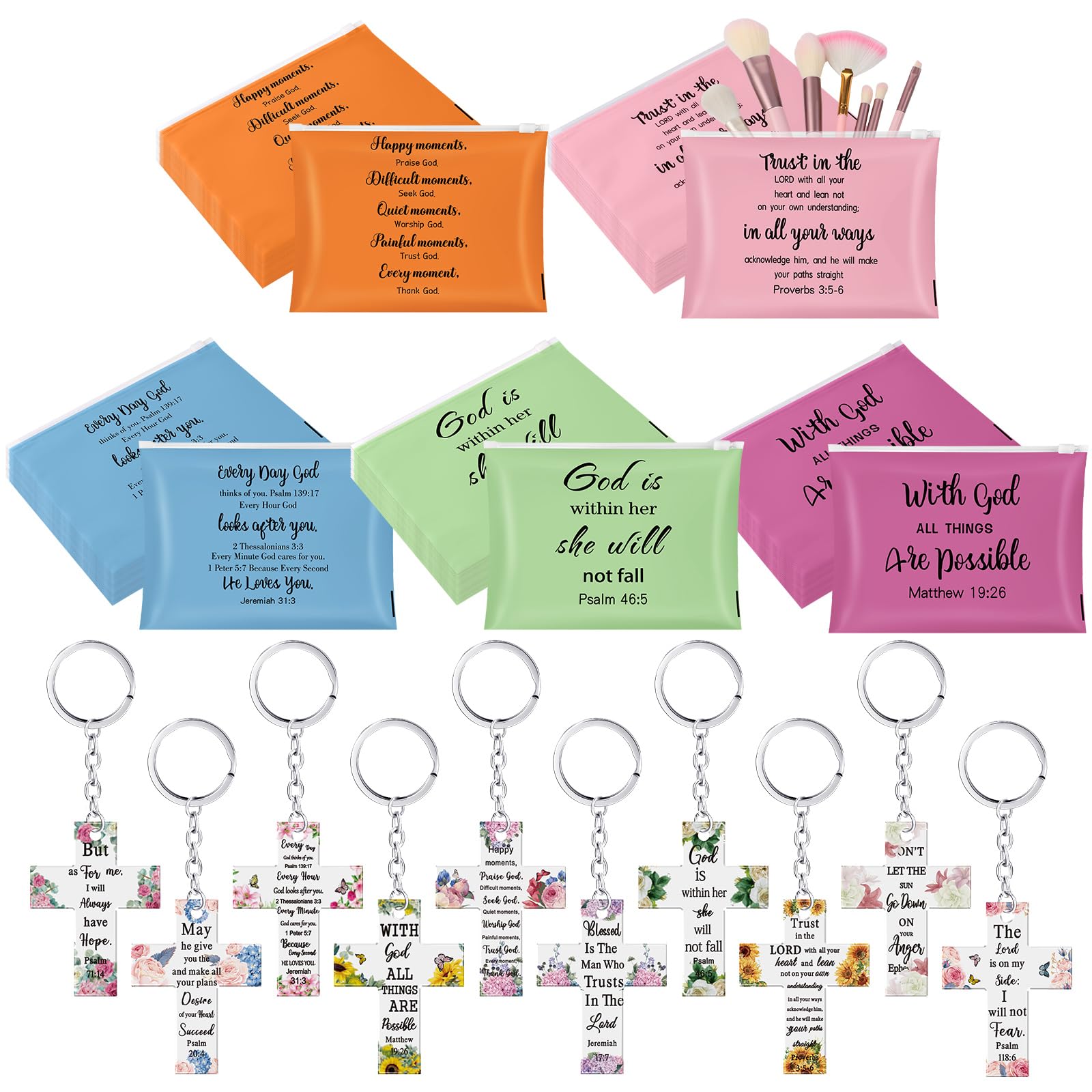 Christian Makeup Bags with Cross Keychain - 50pc Bulk Set for Women Travel & Gifts