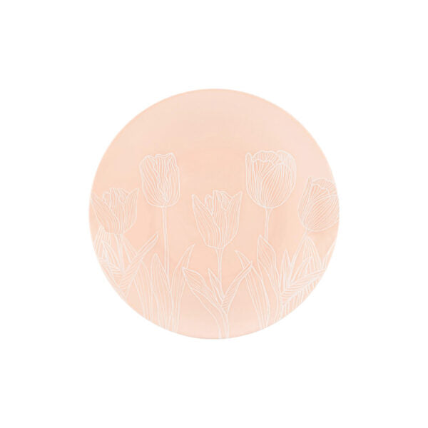 32-Piece Pink and White Tulip Round Plastic Dinnerware Set - BPA-Free, Dishwasher Safe - Perfect for Outdoor Picnics, Birthday Parties, and Family Gatherings (16 Servings)