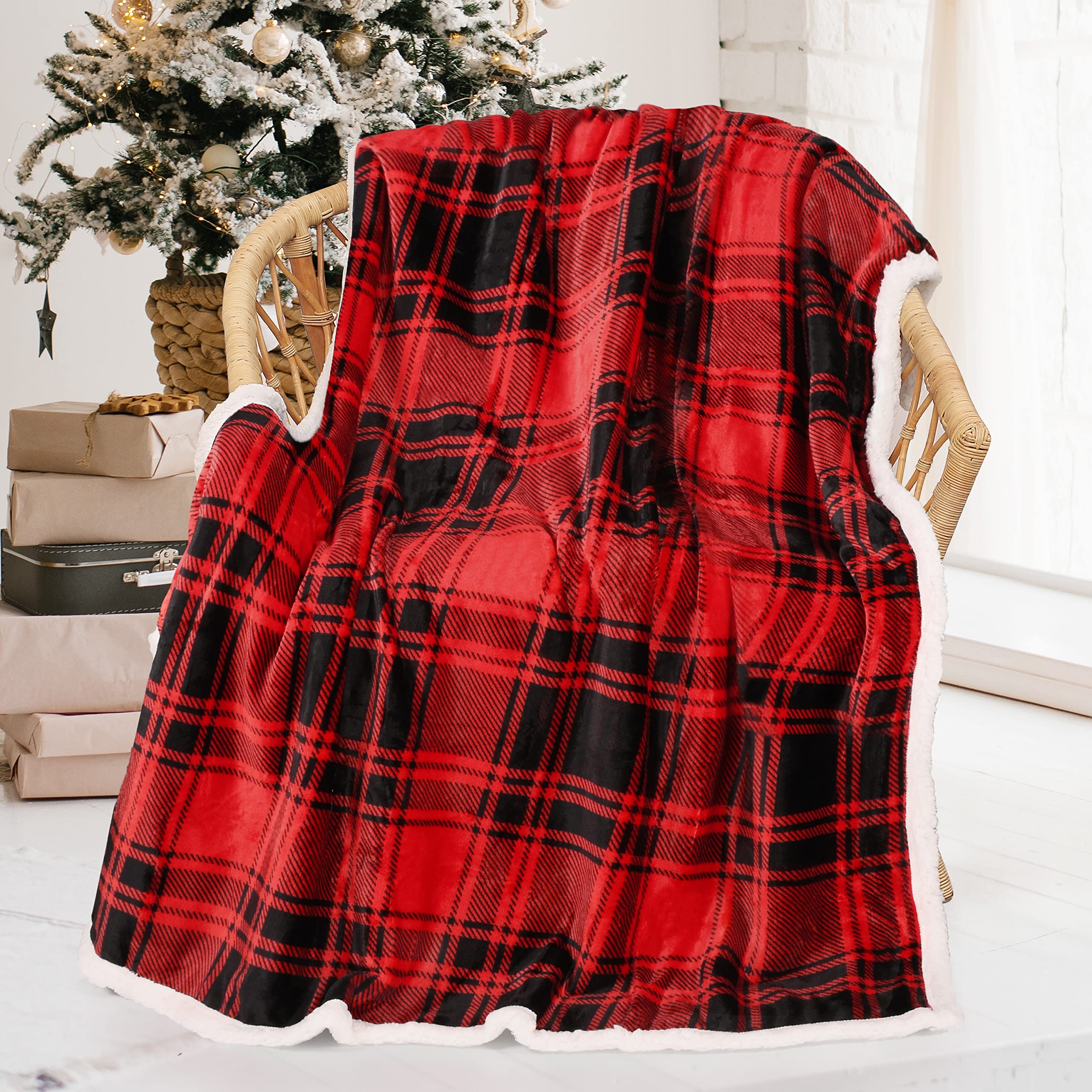Catalonia Red Plaid Sherpa Throw Blanket - Ultra Soft & Warm Buffalo Check Fleece Blanket for Christmas, Winter, Couch & Cabin Decor - Cozy Home, Office & Travel Companion