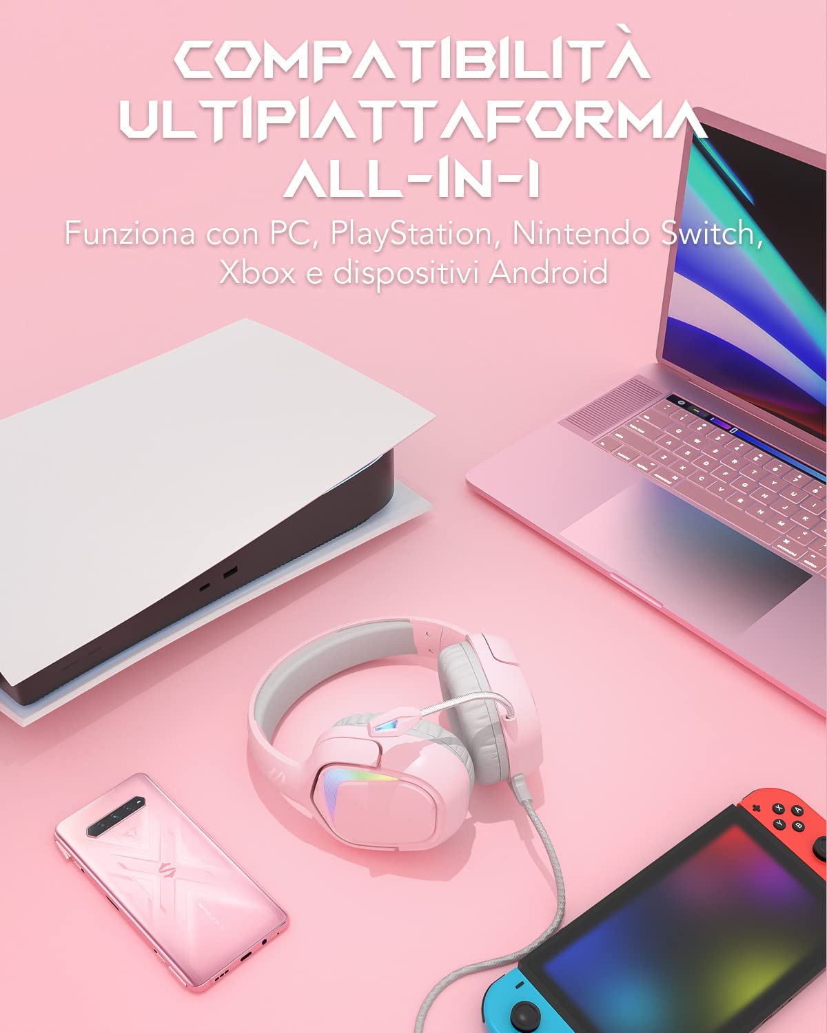 Black Shark Gaming Headset for PC, PS4, PS5, Xbox, Switch - 50mm Dynamic Drivers, Flexible Noise-Canceling Mic, Soft Ear Cushions, In-Line Controls (Pink) - Perfect for Competitive Gaming, Streaming & Online Chat