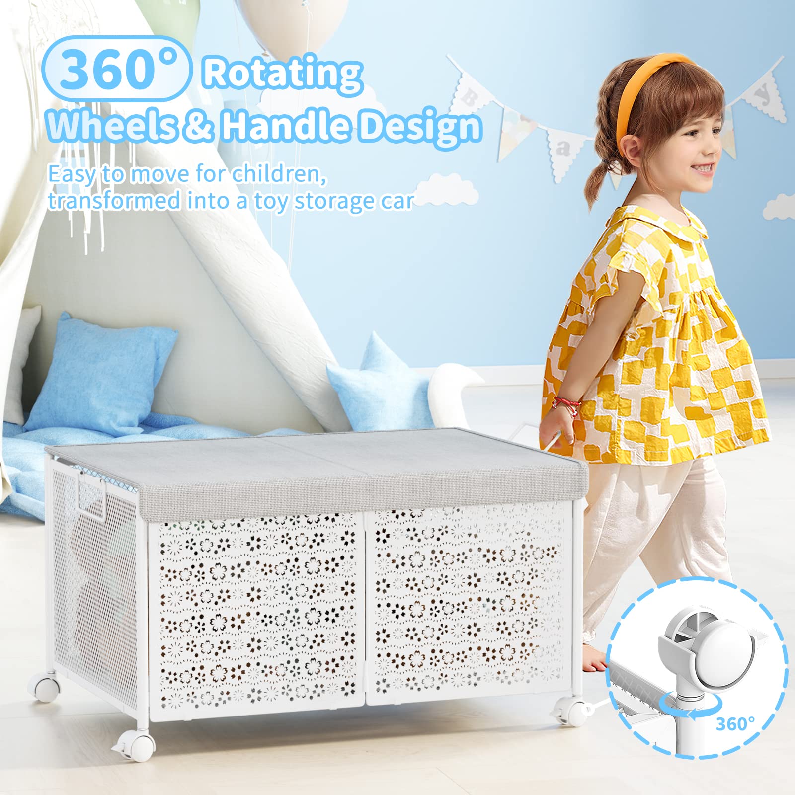 PHINOX 70L Large Toy Storage Box with Wheels - Collapsible Metal Toy Organizer for Kids, Boys & Girls - Durable Toy Chest for Nursery, Playroom & Bedroom - Perfect for Organizing Toys, Books & Games (White)