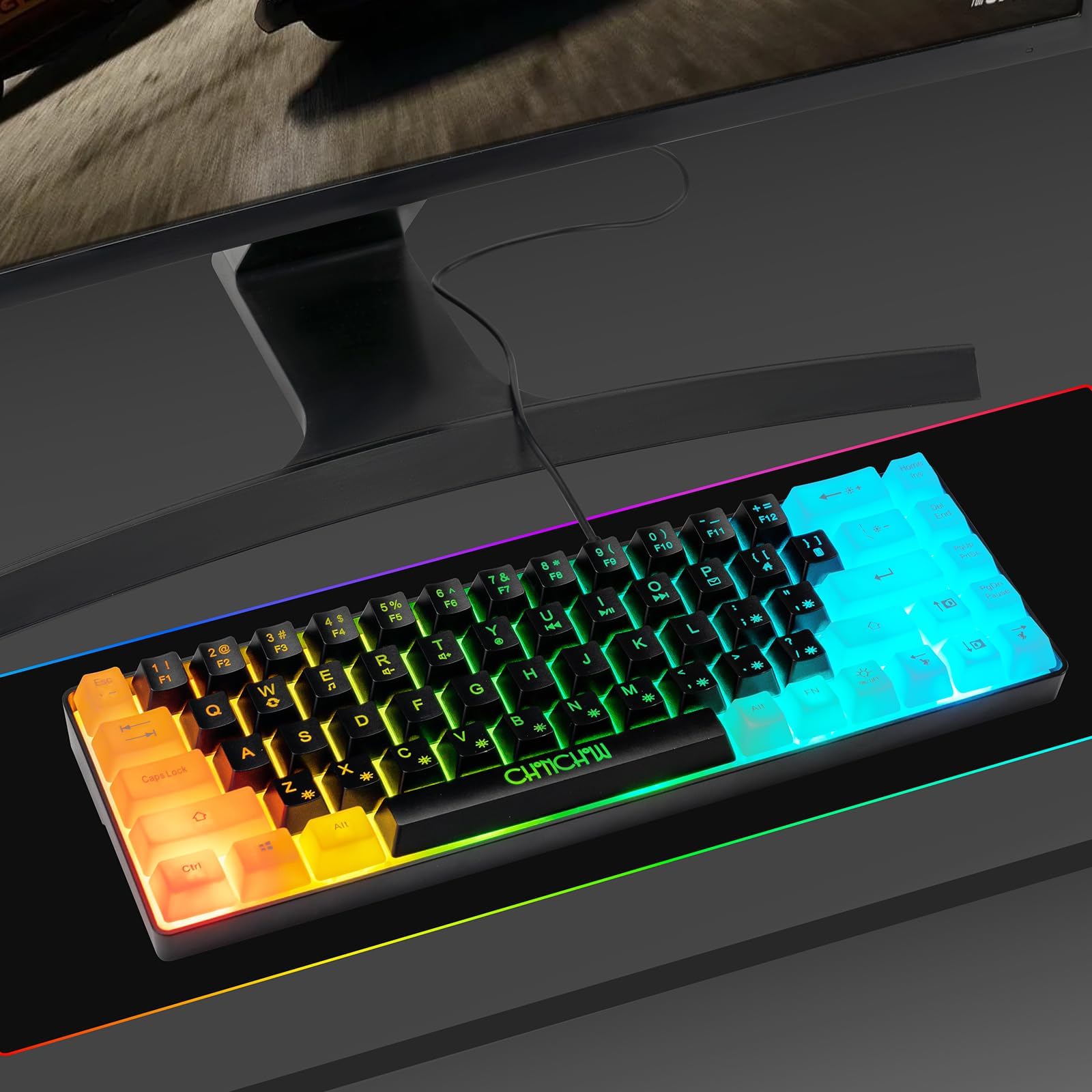 CHONCHOW Mini RGB 60% Mechanical Gaming Keyboard - 68 Key Compact USB Wired Backlit Keyboard with Rainbow Lighting for PC, Laptop, Xbox, PS4, PS5 - Perfect for Gaming, Office Work & Small Desks (Black-White)