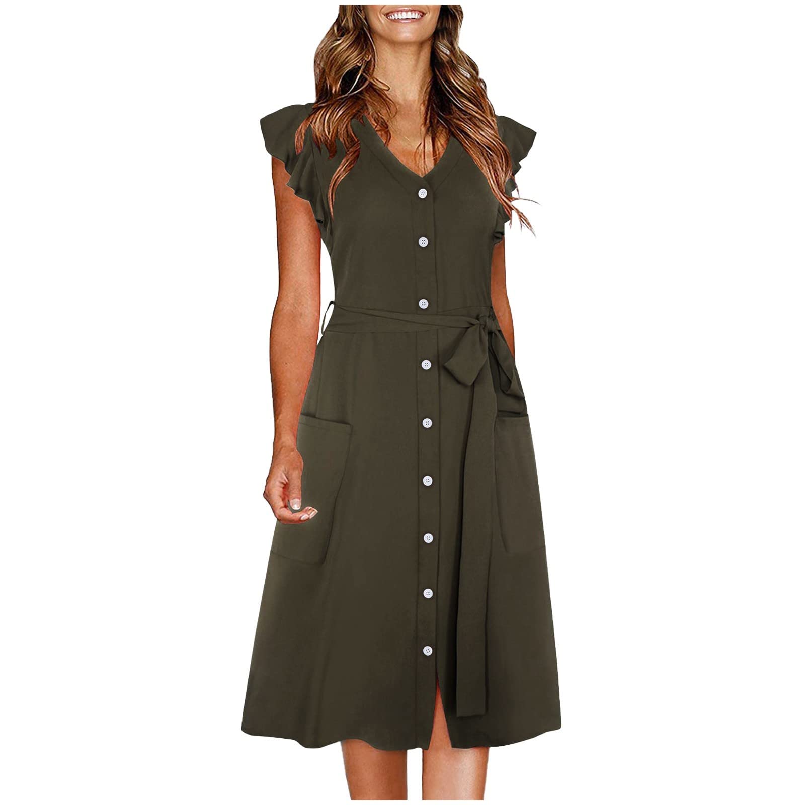 Women's Summer Dress - Ruffled Sleeveless Tie Waist Button Down V-Neck Swing Midi Dress | A-Line Tank Dress for Beach, Vacation & Casual Wear