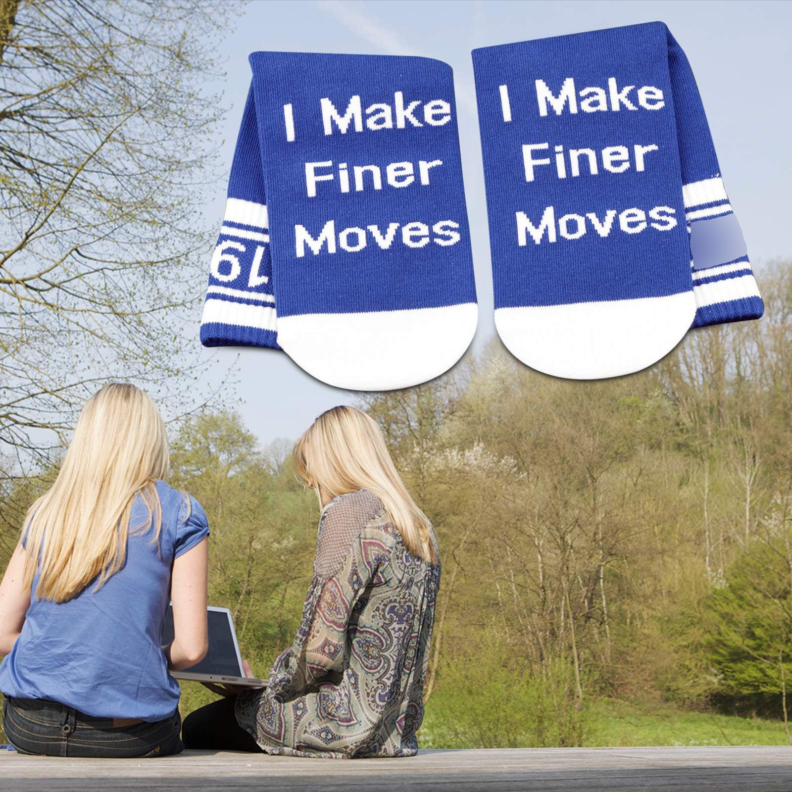 JXGZSO 2 Pairs Sorority Socks - Blue 'I Make Finer Moves' Greek Letter Socks | Perfect Sorority Sister Gift for College, Sisterhood Events & Matching Outfits