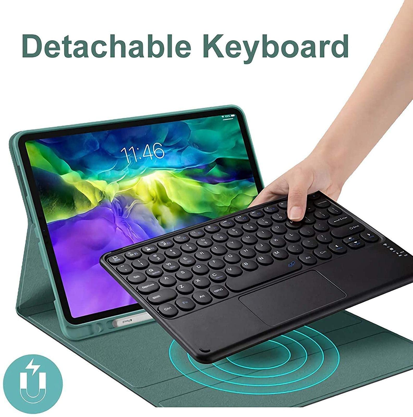 Bluetooth Keyboard Case for iPad Air 4 (10.9 Inch, 2020 Model) - Slim Leather Folio Cover with Touchpad & Round Hat Keys | Perfect for Work, Travel & Home Office Use (Green)