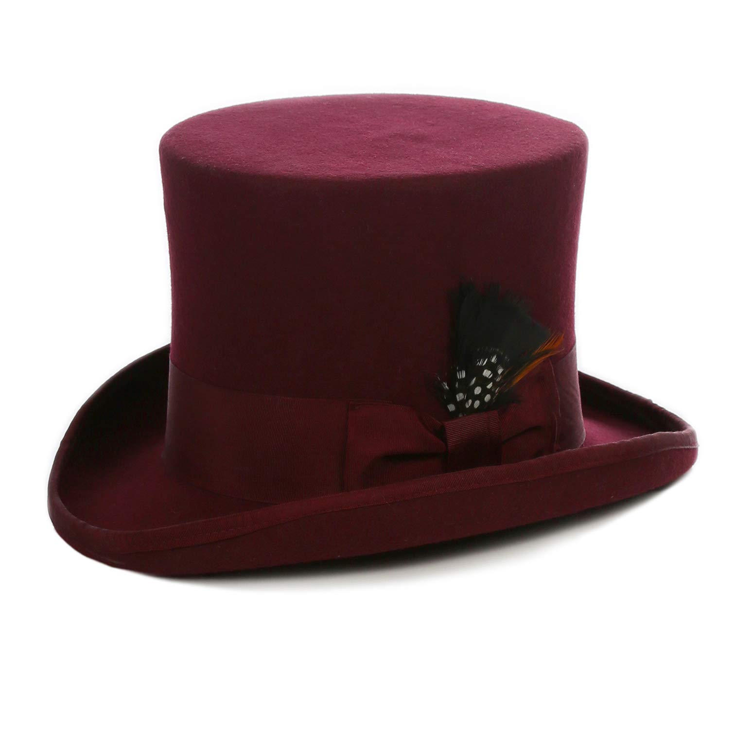 Ferrecci Wool Felt Top Hat - 18 Stylish Colors with Grosgrain Ribbon & Removable Feather - Unisex Hat for Men & Women - Perfect for Cosplay, Steampunk, Victorian Costumes & Formal Events