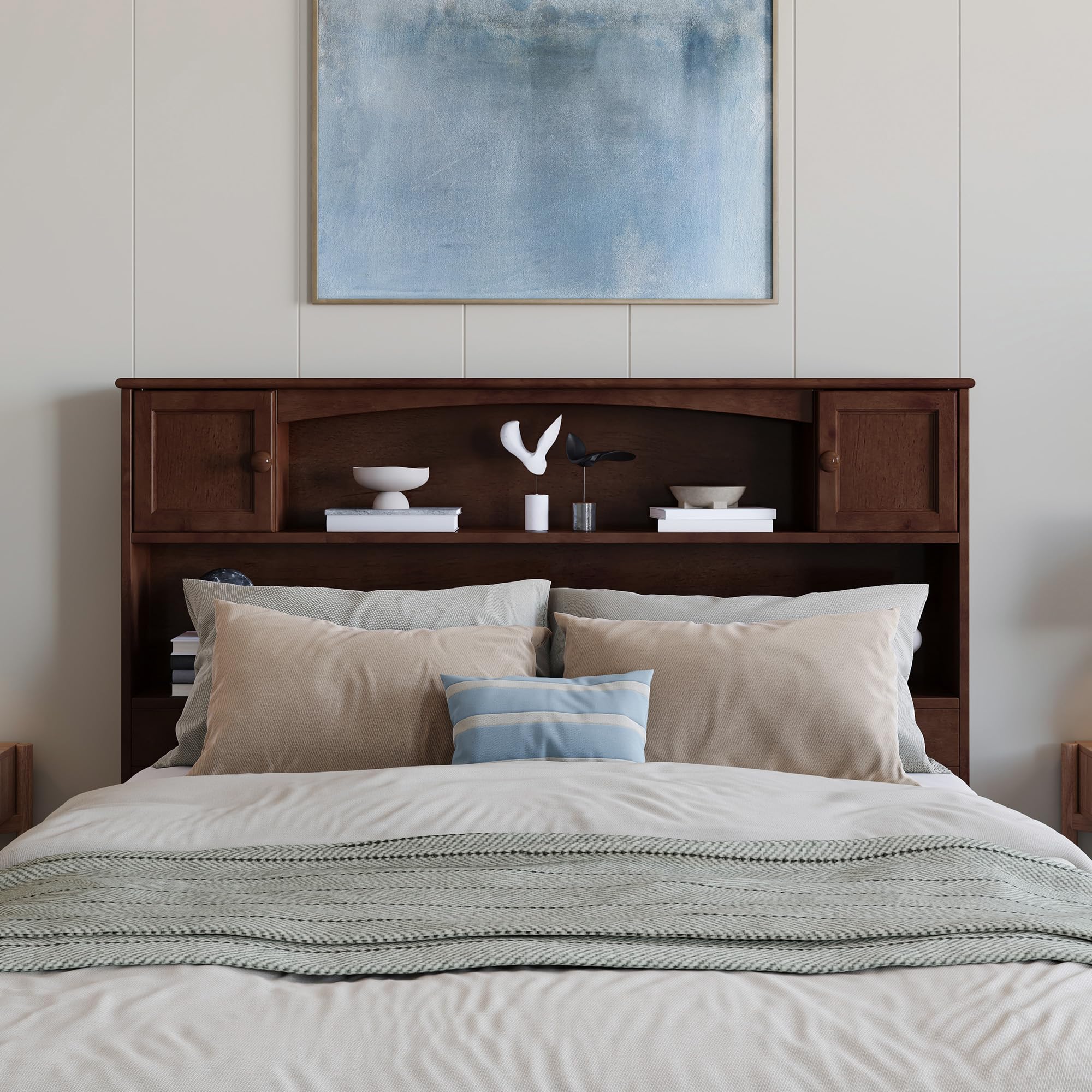 AFI Newport Full Size Bookcase Headboard with USB Charging Port - Solid Walnut Wood Bed Frame for Bedroom Storage & Organization - Perfect for Small Spaces, Apartments & Dorm Rooms