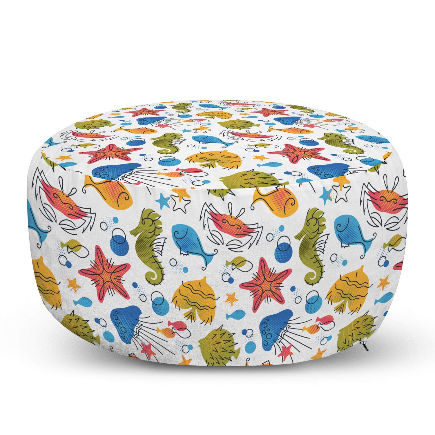 Ambesonne Aqua Jellyfish Ottoman Pouf - Nautical Decor Foot Rest with Removable Cover, Starfish & Seahorse Underwater Design - Perfect for Living Room, Bedroom & Nursery - Multicolor Soft Seating Accent for Home Decor