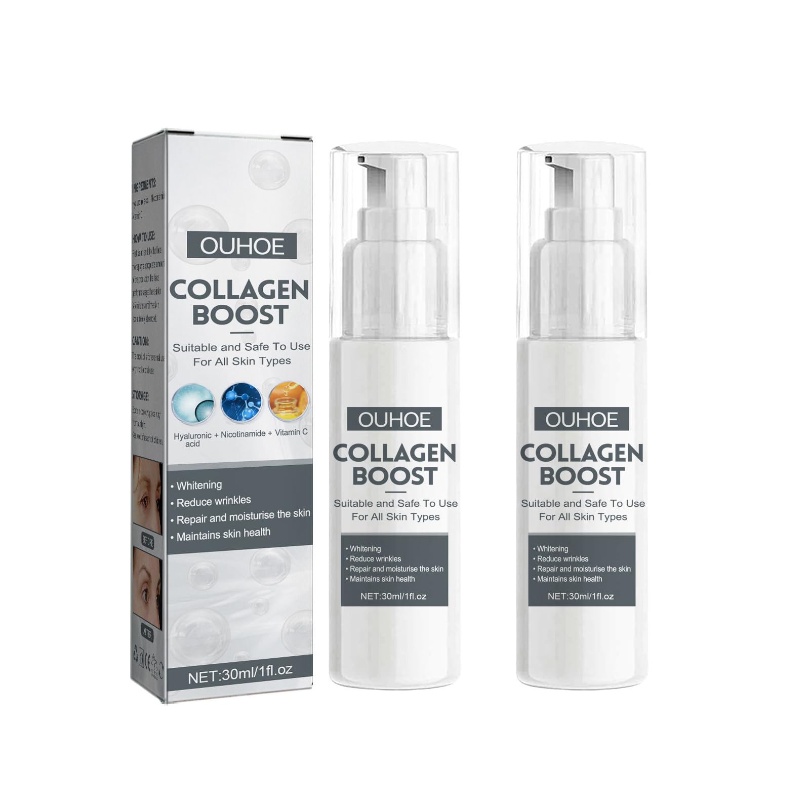 Anti-Aging Collagen Serum with Hyaluronic Acid, Niacinamide & Vitamin C - Wrinkle Reducer, Dark Spot Corrector & Hydrating Face Treatment for Youthful Skin - Skin Repair Essence, 1 Fl Oz (2 Pack) - Perfect for Night Routine & Daily Skincare Regimen