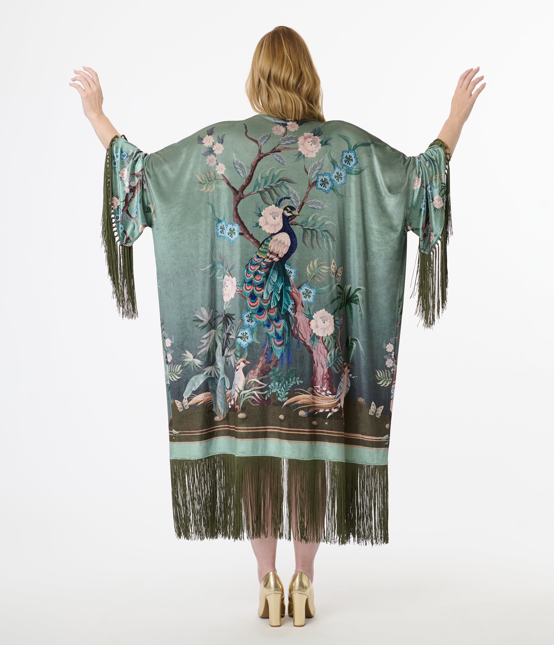 Vintage 1930s Teal Peacock Fringe Kimono - Retro Floral Japanese Robe for Women, Lounge Wear, Boho Chic Outfit, Perfect for Parties, Weddings & Photo Shoots