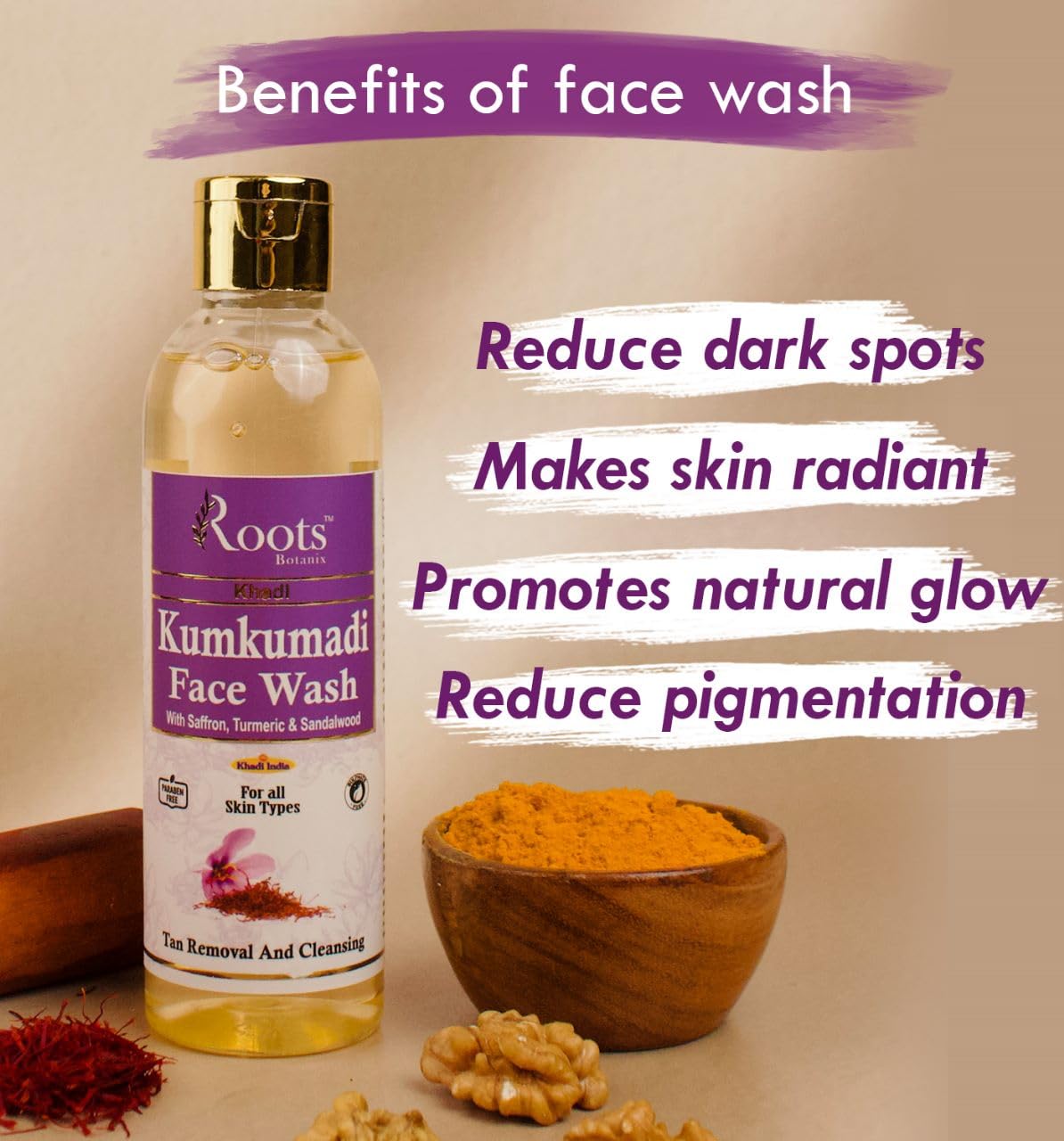 Roots Botanix Kumkumadi Brightening Face Wash - Anti Pollution & Pimple Control, De-Tan Cleansing for Glowing Skin (200ml) | Perfect for Daily Skincare Routine & Travel-Friendly Liquid Soap