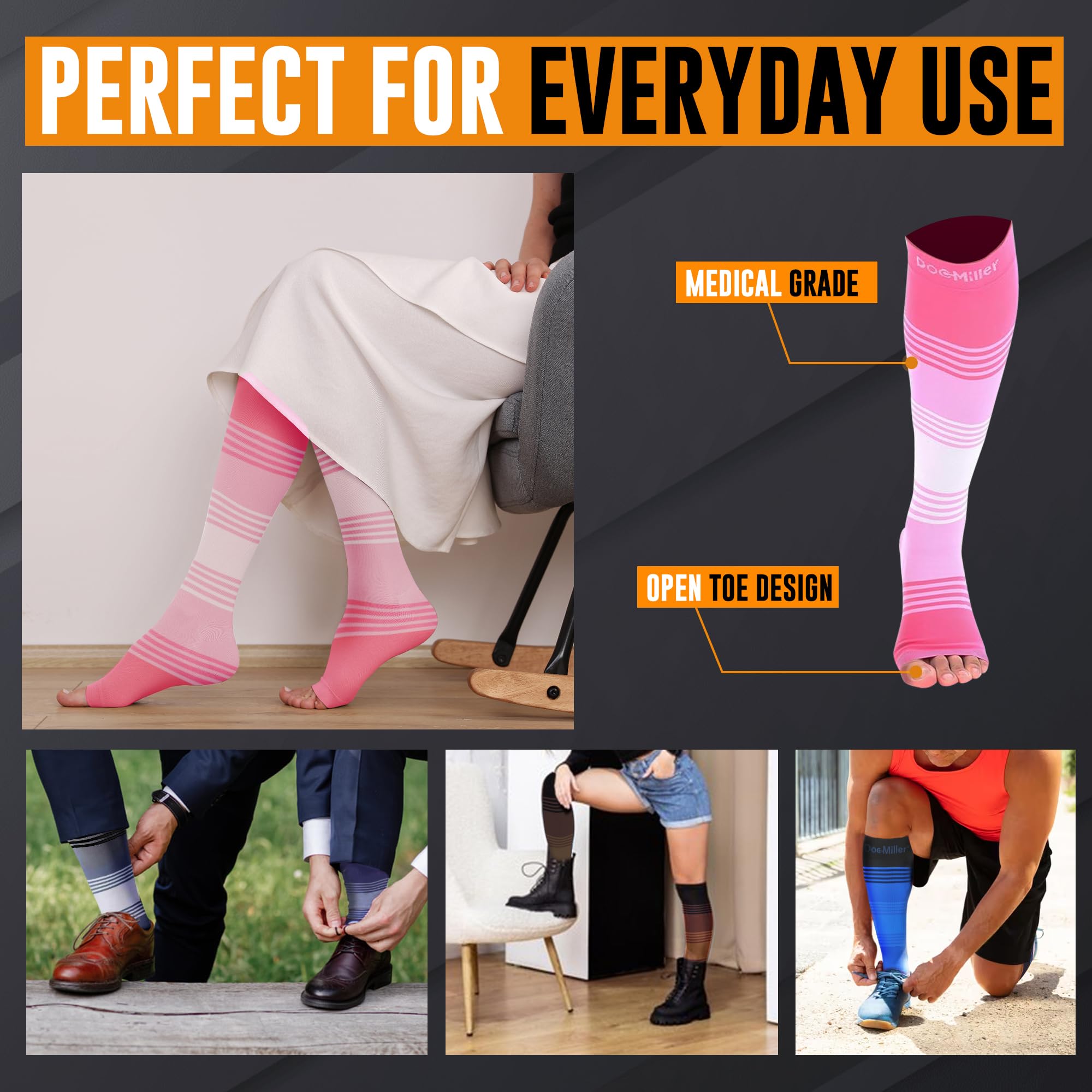 Doc Miller Premium Open Toe Compression Socks 20-30mmHg - Women's Toeless Dress Socks for Circulation & Comfort - Ideal for Nurses, Travel & Varicose Vein Relief