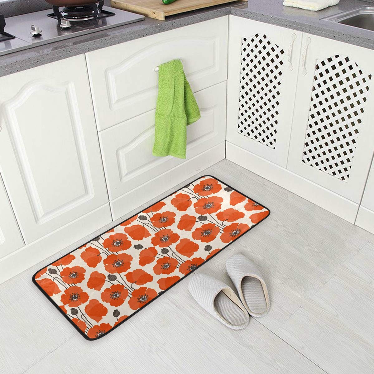 MOYYO Anti-Fatigue Kitchen Mat with Red Poppy Flowers Design - Non-Slip, Oil-Resistant, Easy Clean Floor Rug for Kitchen, Bathroom, Indoor & Outdoor Use - Perfect for Standing Comfort While Cooking or as Decorative Doormat
