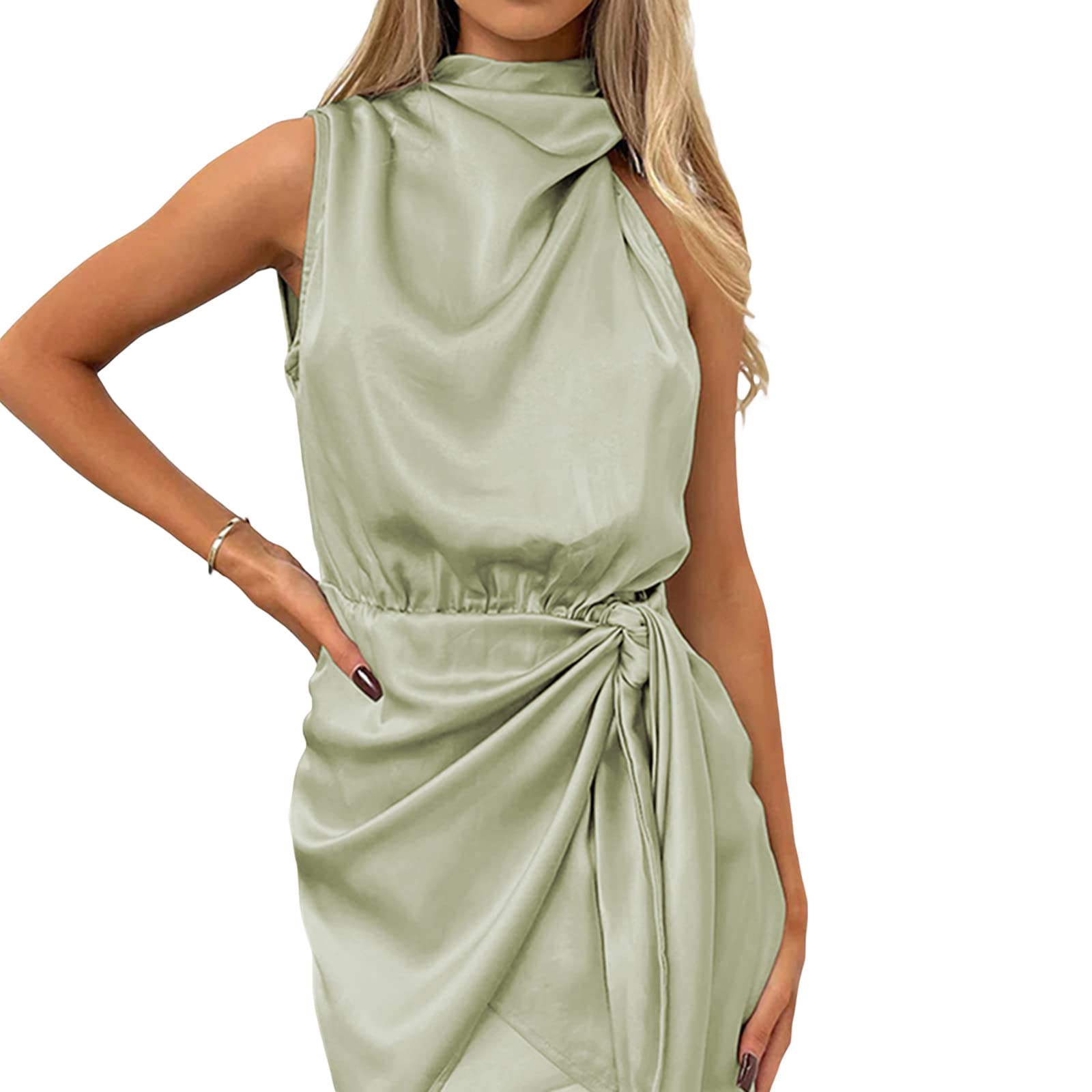 Elegant Women's Sleeveless Cocktail Dress - Mock Neck Summer Satin Maxi Dress with High Waist for Wedding Guest, Evening Party & Special Occasions | Perfect for Formal Events, Date Nights & Summer Celebrations