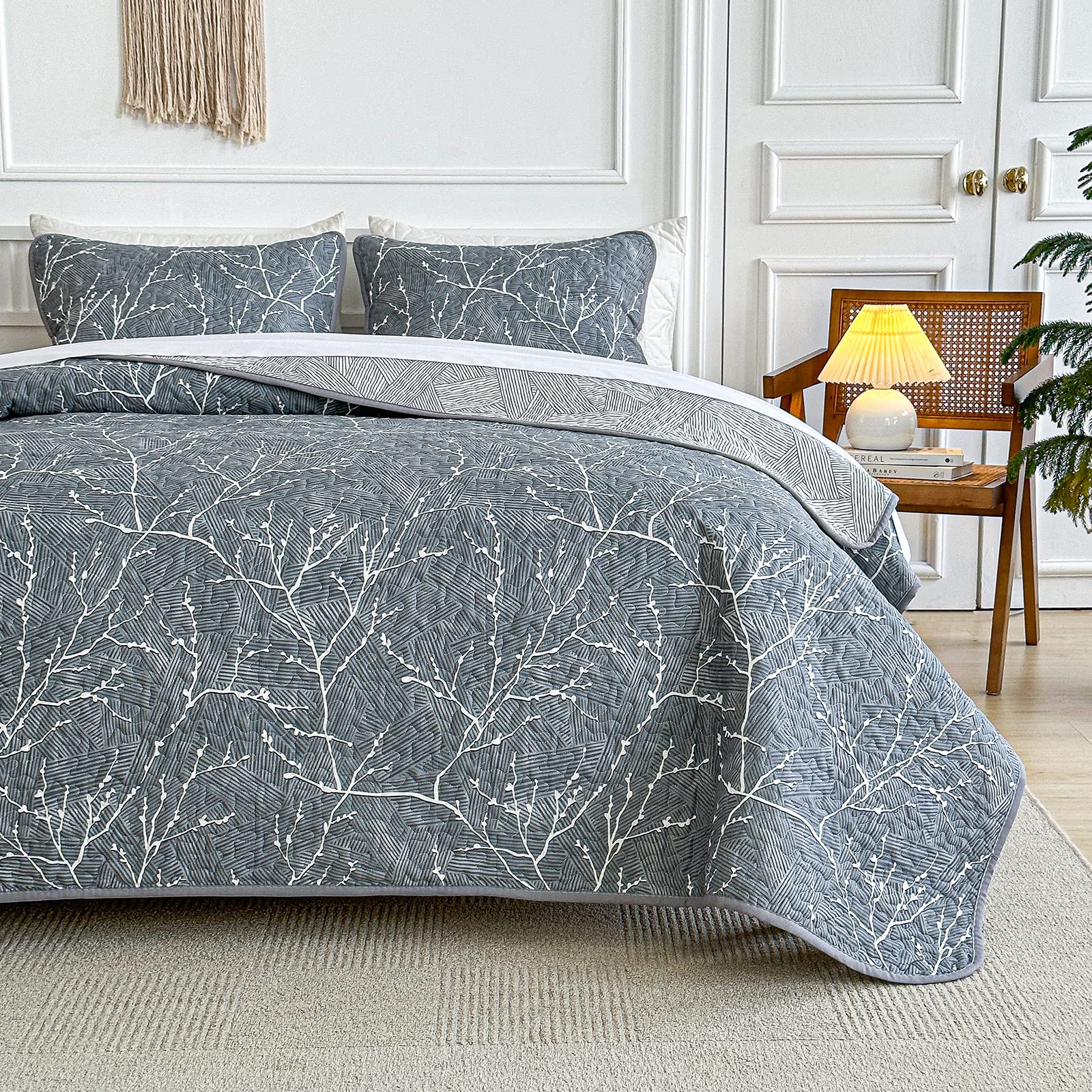 Soft Reversible 2-Piece Gray Cotton Quilt Set with White Branch Design - Twin Size Bedspread & 2 Pillow Shams | Cozy Bedroom Decor for Guest Rooms, Dorms & Modern Homes