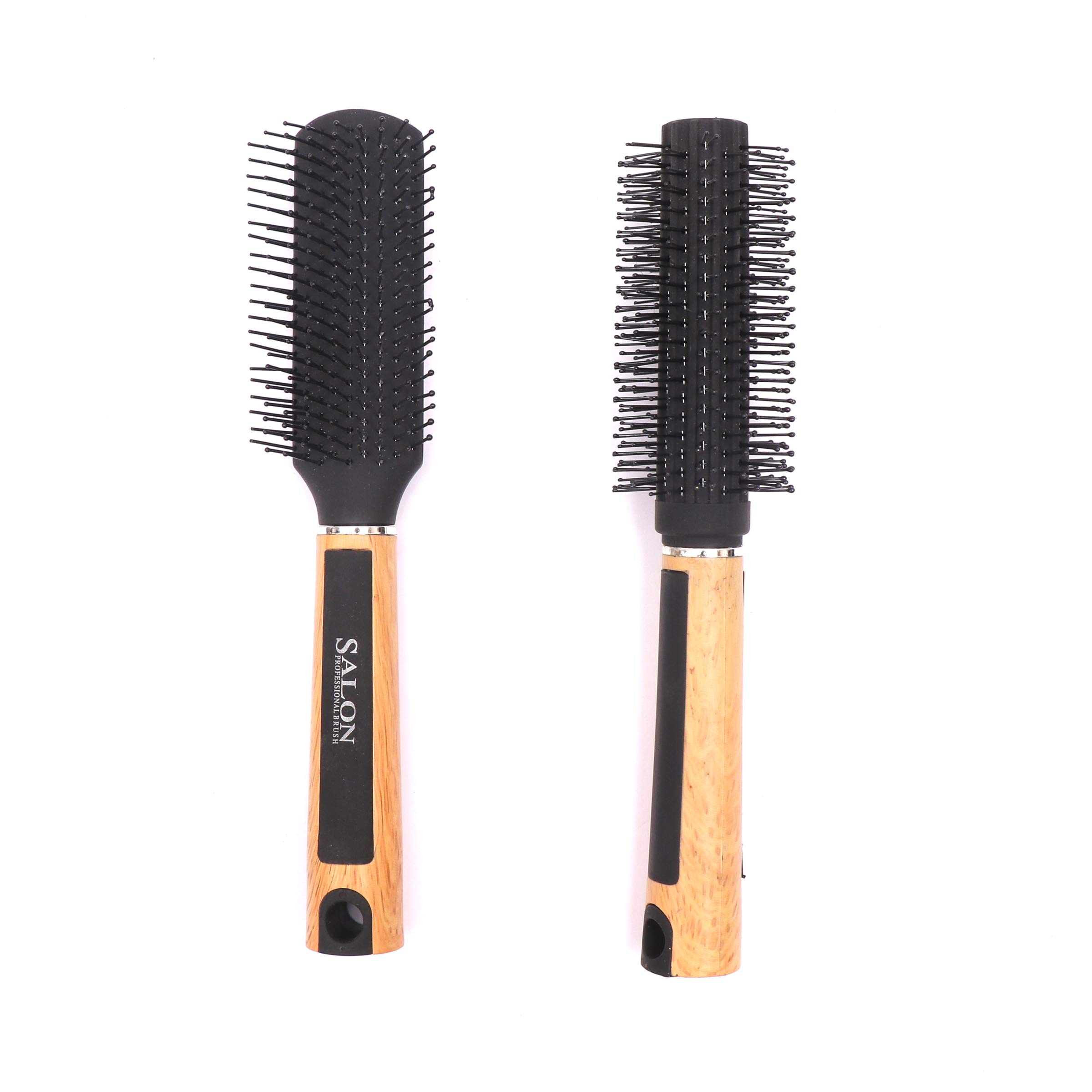 Honbon Round Hair Brush Set of 2 - Wooden & Black Handle with Soft Bristles for Smooth Styling - Perfect for Blowouts, Detangling & Salon-Quality Results at Home