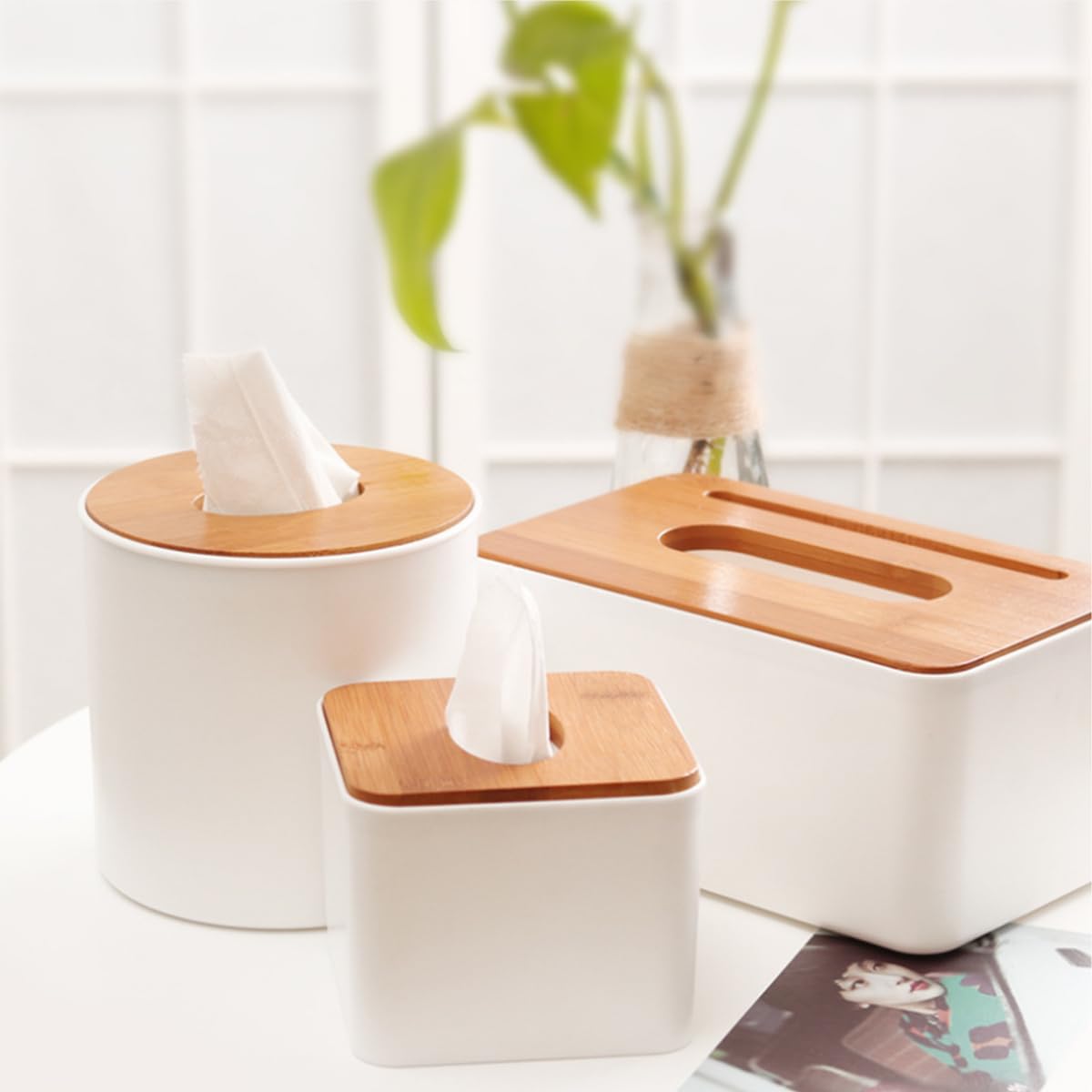 Modern Black Tissue Box with Removable Bamboo/Wood Cover - Home Storage Organizer for Living Room, Bedroom, Office & Bathroom | Stylish and Functional Home Decor