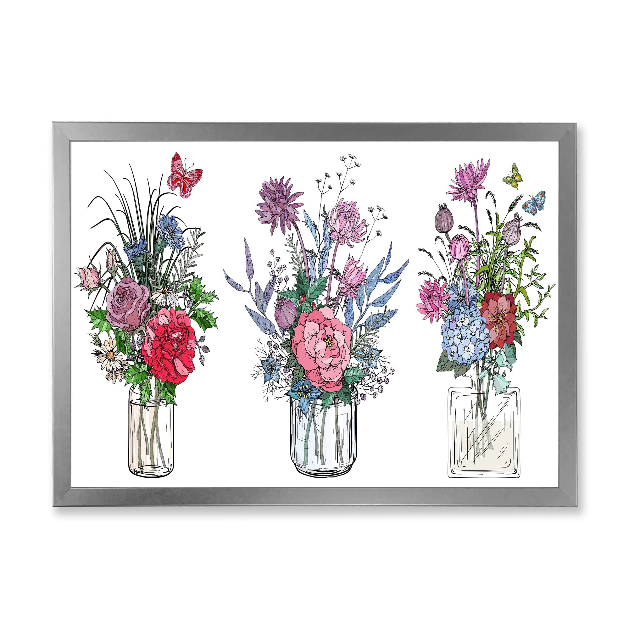 Farmhouse Style Wildflower Bouquets in Transparent Vases - Framed Wall Art Decor for Living Room, Bedroom & Office