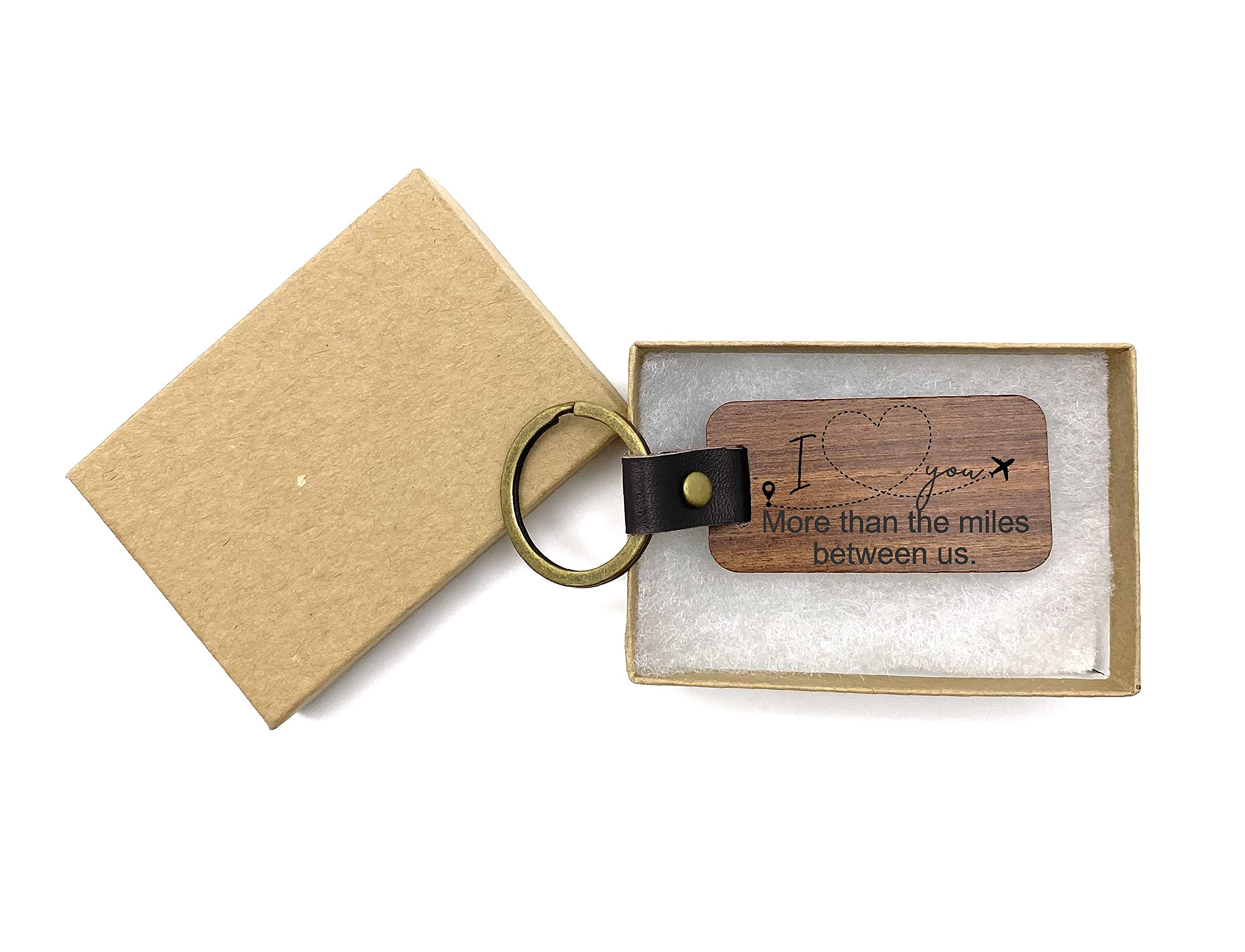 Long Distance Couple Keychain - Engraved 'I Love You More Than The Miles Between Us' - Walnut Wood & Leather Car Key Ring - Romantic Gift for Boyfriend Girlfriend - Perfect for Anniversary, Valentine's Day & Couples Travel Accessories