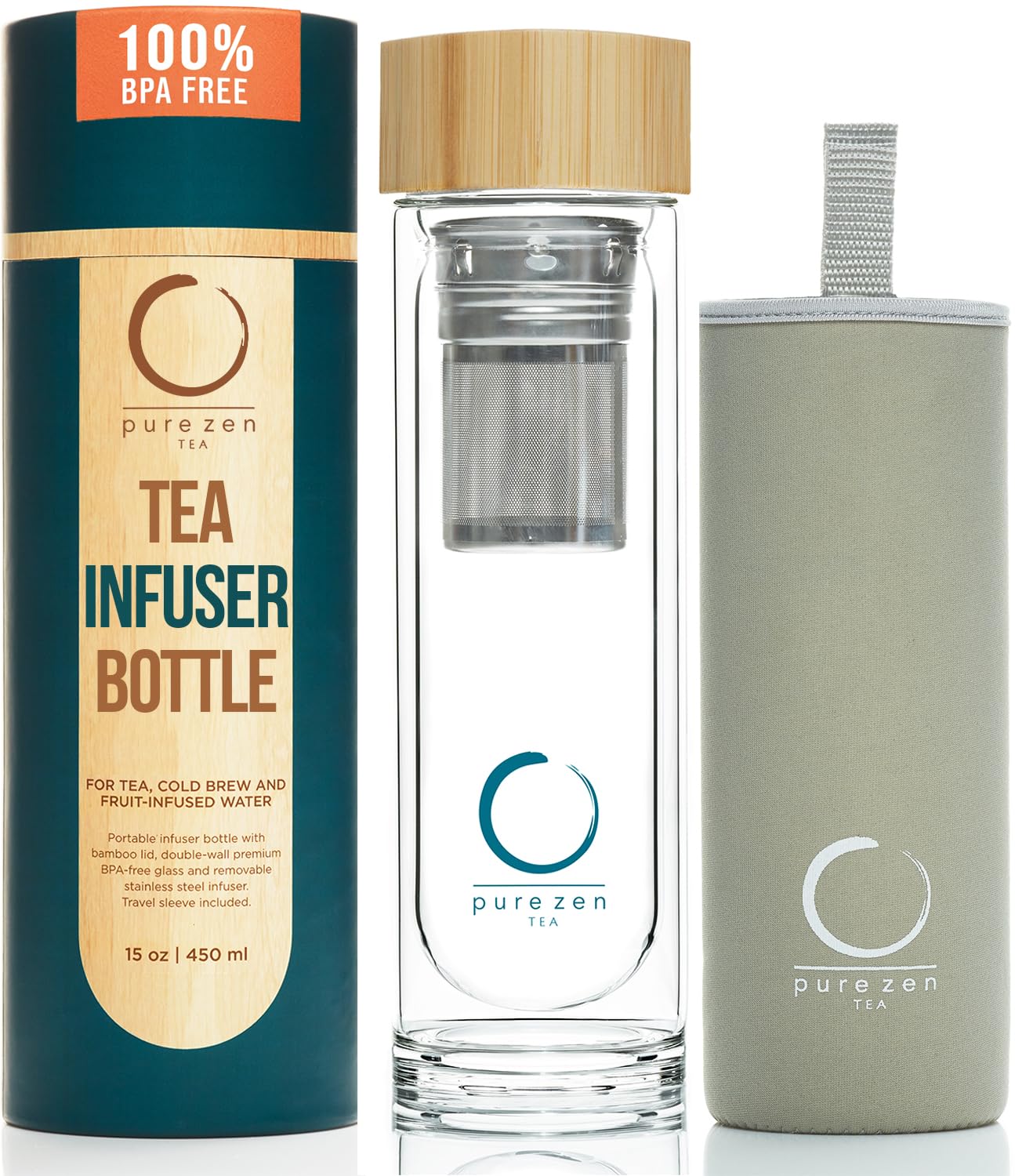 Pure Zen Tea Infuser Bottle - 15oz Insulated Glass Tea Tumbler with Removable Infuser for Loose Leaf Tea & Infused Water | Portable Travel Mug for Office, Gym & Outdoor Activities | BPA-Free Thermal Tea Thermos