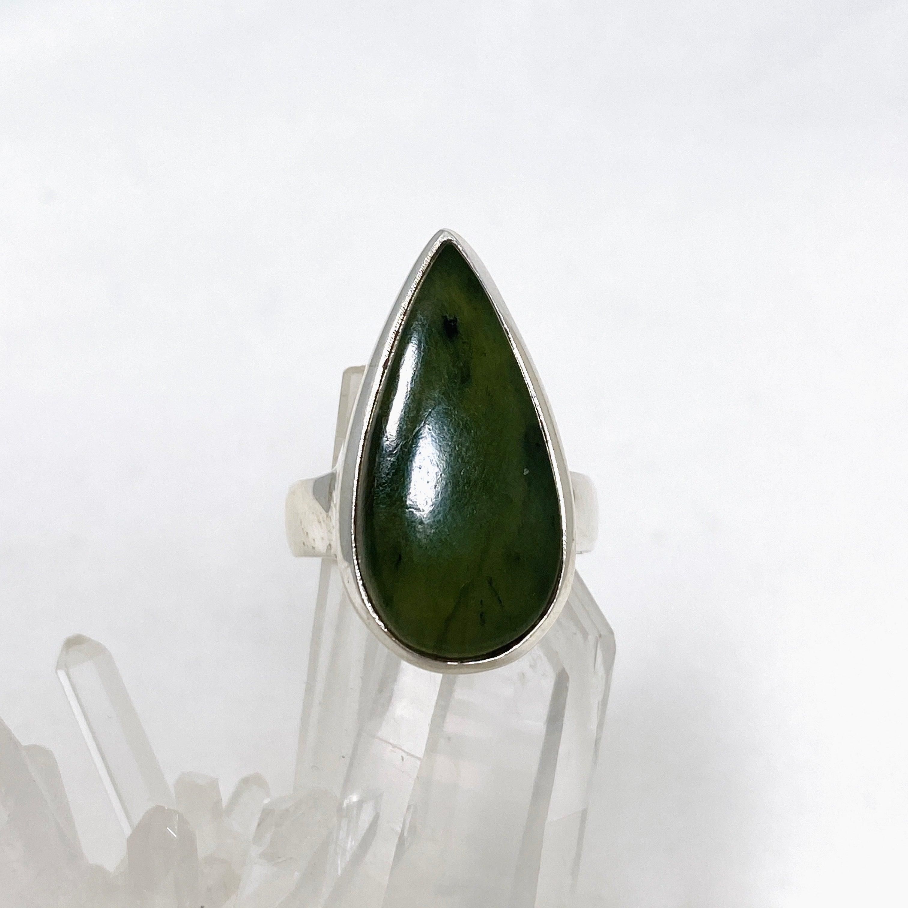 Natural Siberian Jade Nephrite Teardrop Ring - Size 8 - Elegant Handmade Jewelry for Women - Perfect for Weddings, Parties & Special Occasions