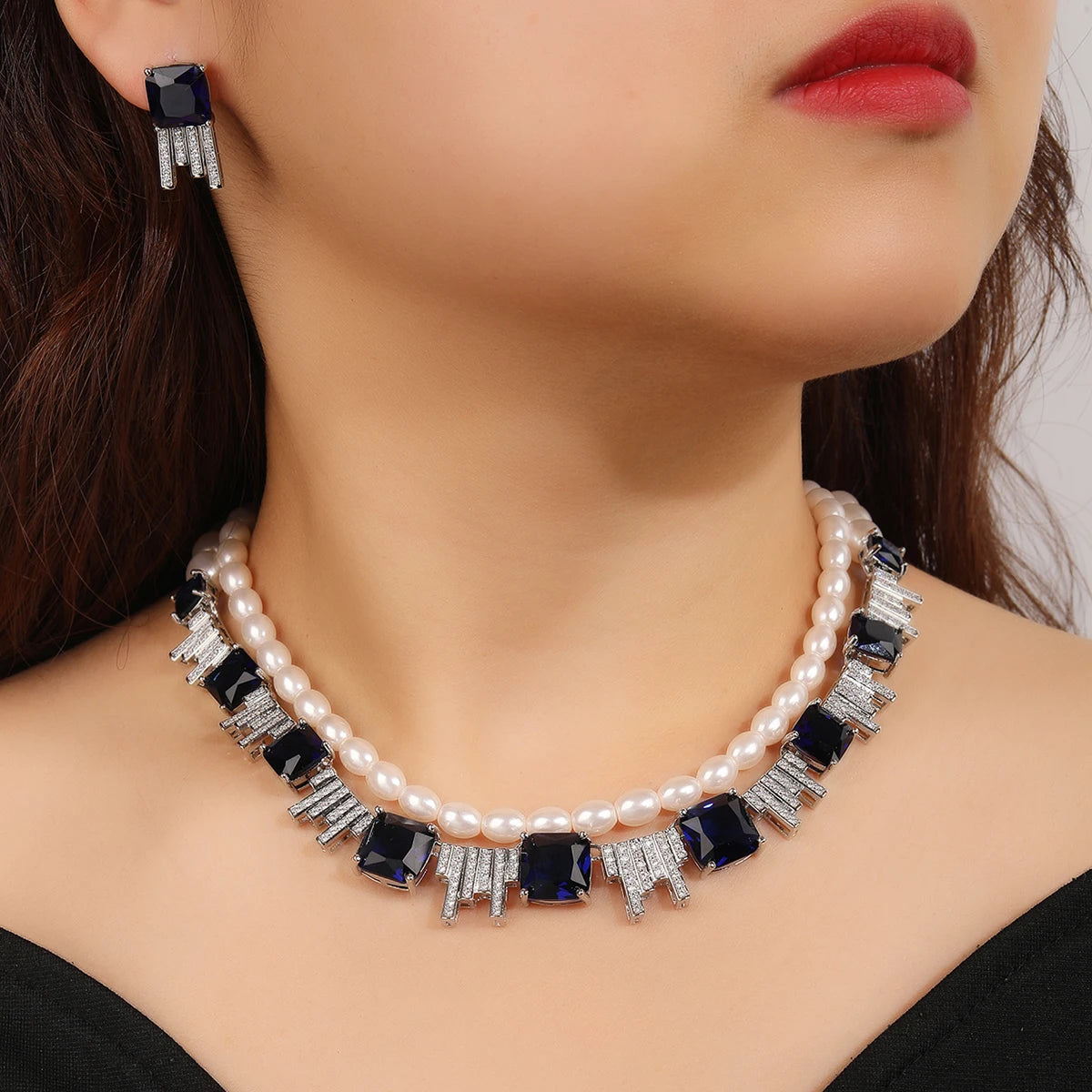Luxury Cubic Zirconia Pearl Two Layer Necklace and Earrings Set for Women - Elegant Wedding Bridal Jewelry, Perfect for Bridesmaid Gifts & Special Occasions | CN10806A