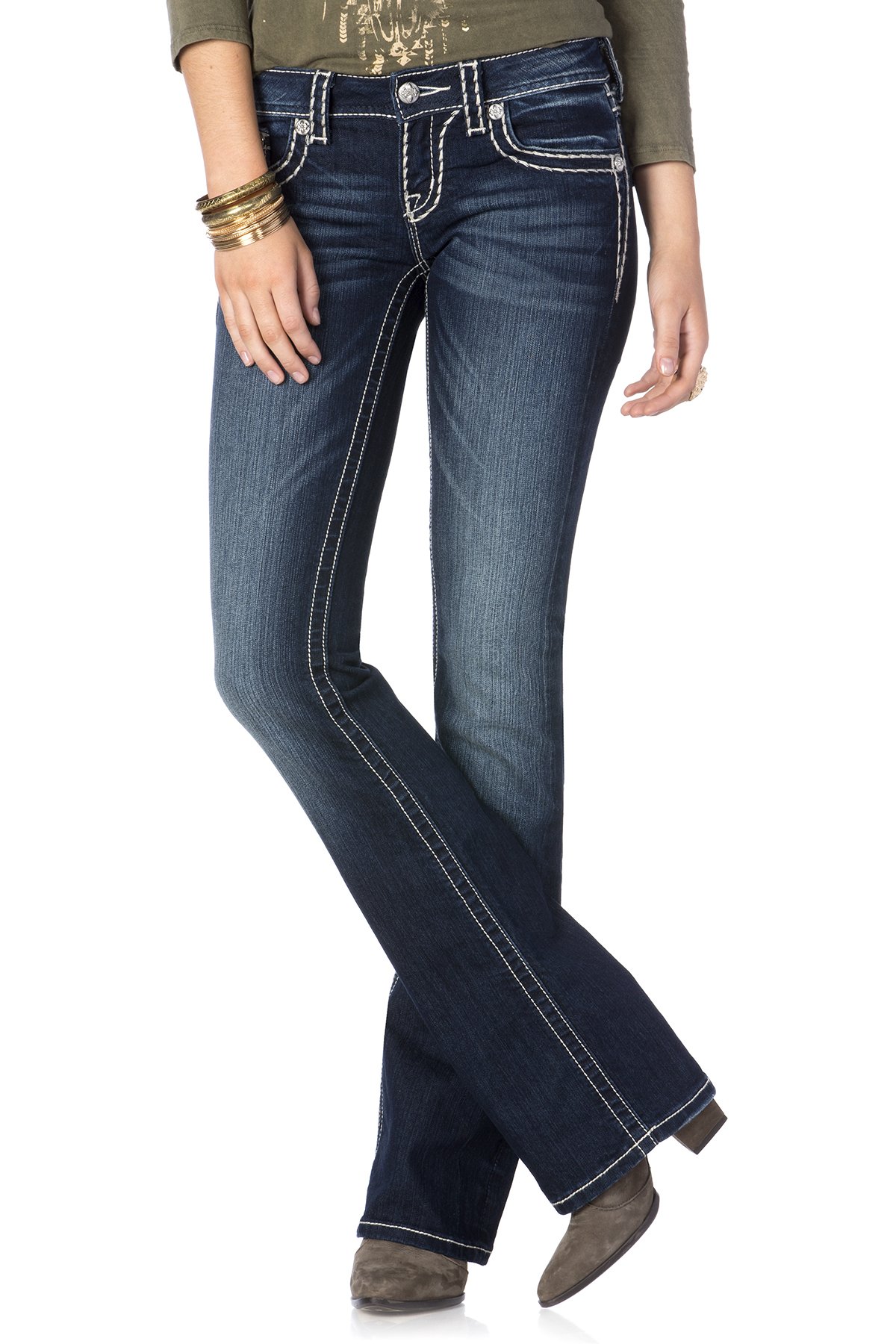 Miss Me Women's Loose Fit Saddle Stitch Border Boot Cut Jeans - Comfortable Denim Pants for Casual Wear, Work & Everyday Outfits