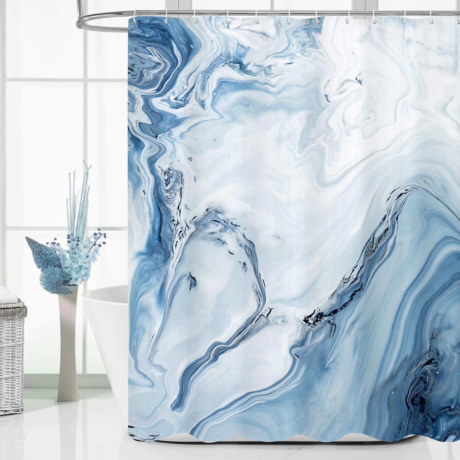 Modern Ombre Blue Marble Shower Curtain - Watercolor Abstract Design Luxury Bathroom Decor, 72x72 Inches Fabric Cloth for Spa, Hotel & Home Bathroom Upgrade