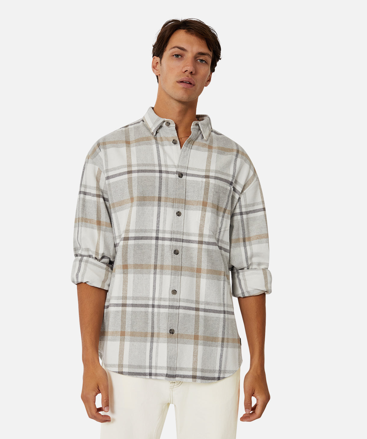 Premium Carver Long Sleeve Shirt for Men - Classic Grey & Brown Plaid Flannel - Comfortable Casual Wear for Outdoor Adventures & Fall Layering