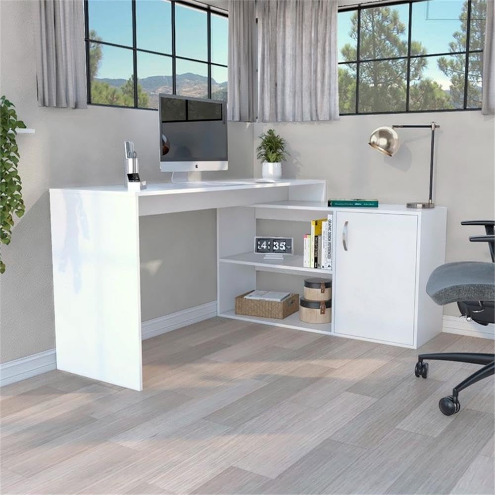 White TUHOME Axis L-Shaped Desk - Engineered Wood for Home Office