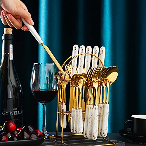 24-Piece Stainless Steel Gold Silverware Set - Luxury Cutlery with Knife, Fork & Spoon - Dishwasher Safe Dinnerware Set with Storage Rack - Elegant Light Green Tableware for Wedding, Party & Fine Dining (BY ZZYY)
