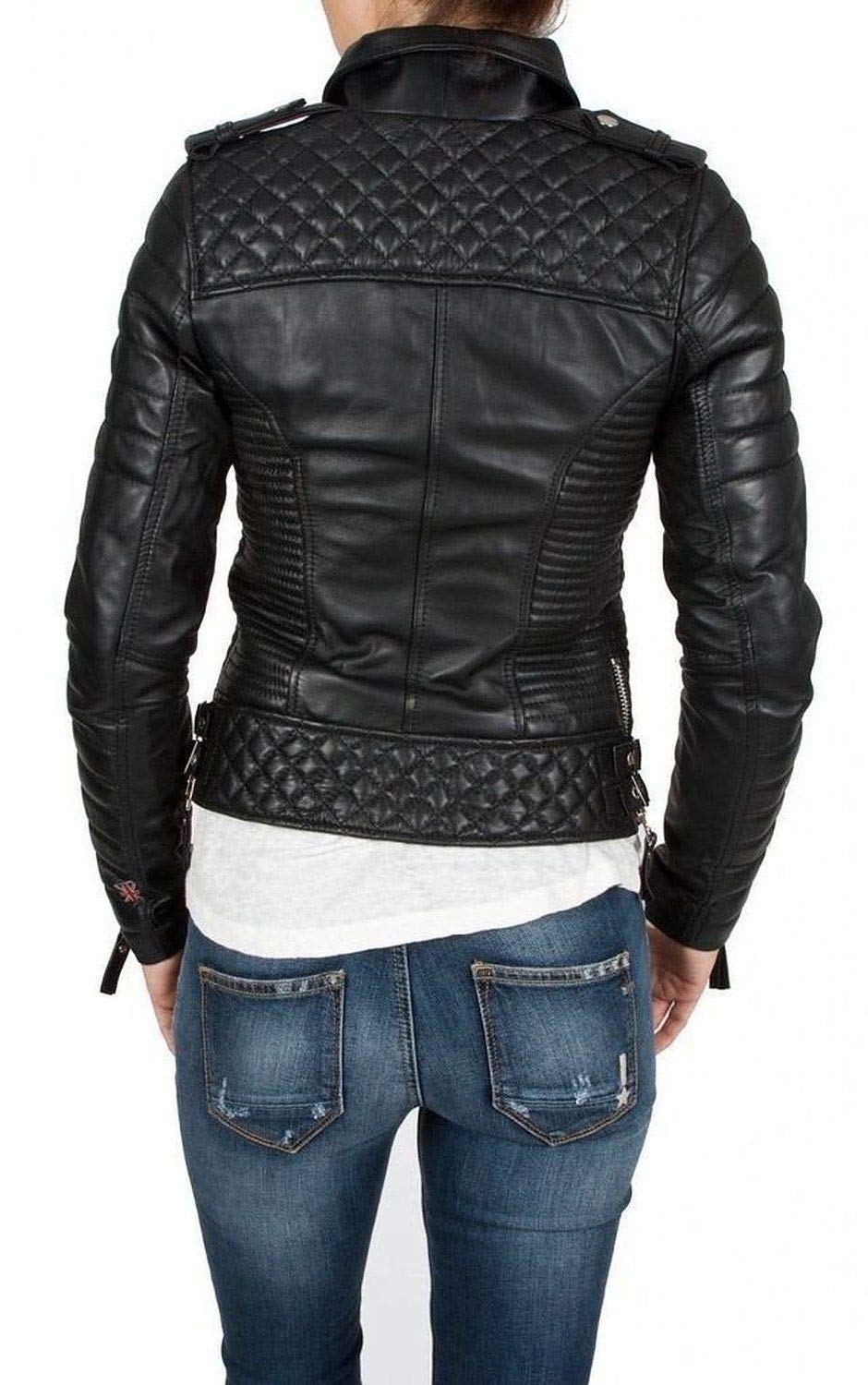Women's Genuine Leather Motorcycle Jacket - Stylish Black Biker Outerwear for Riding & Casual Wear