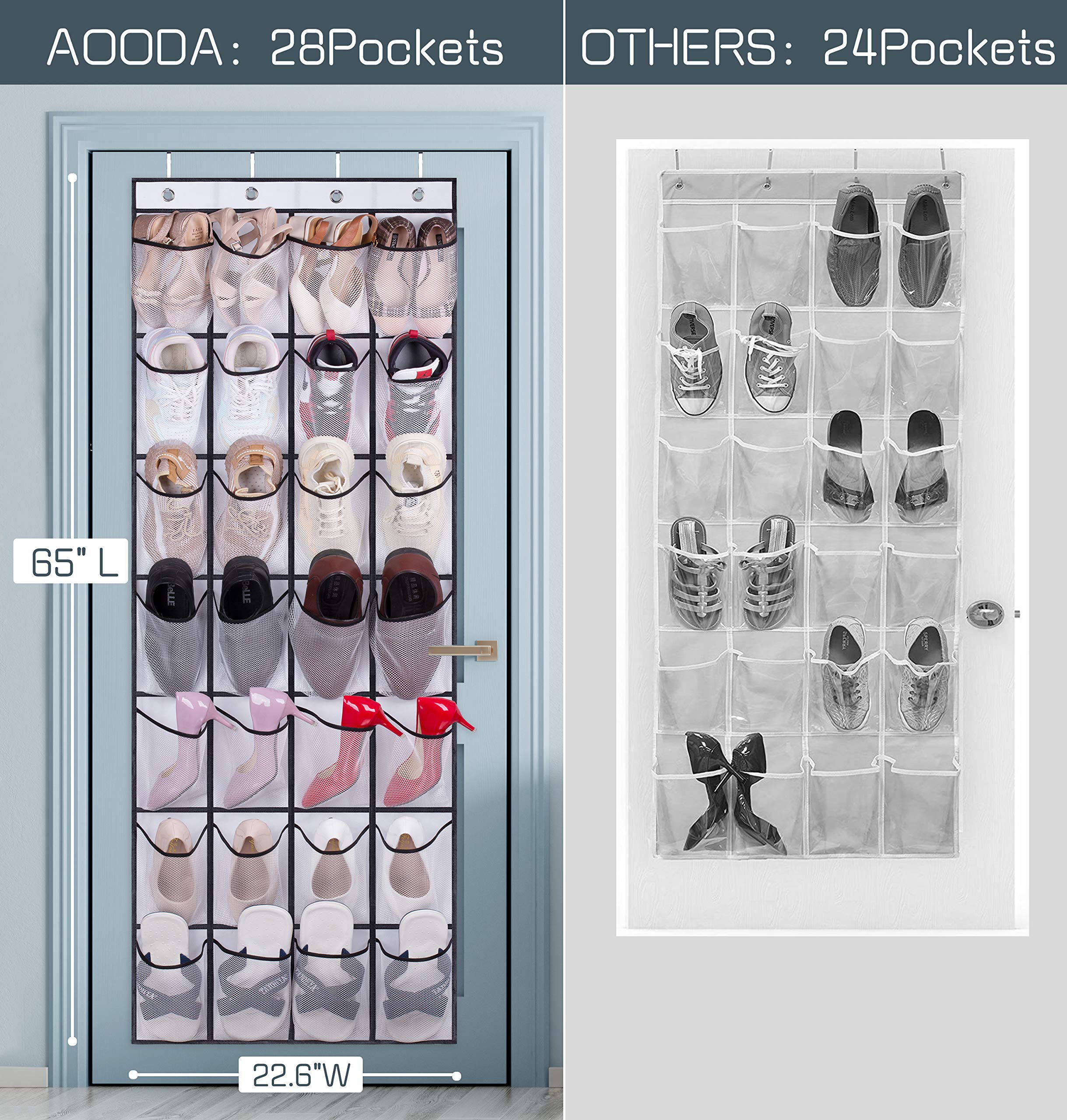 AOODA 28 Large Mesh Pockets Over The Door Shoe Organizer - Space Saving Hanging Shoe Rack for Sneakers, Sandals & Flip Flops - Perfect for Closet, Bedroom, Dorm & Entryway Storage (White)