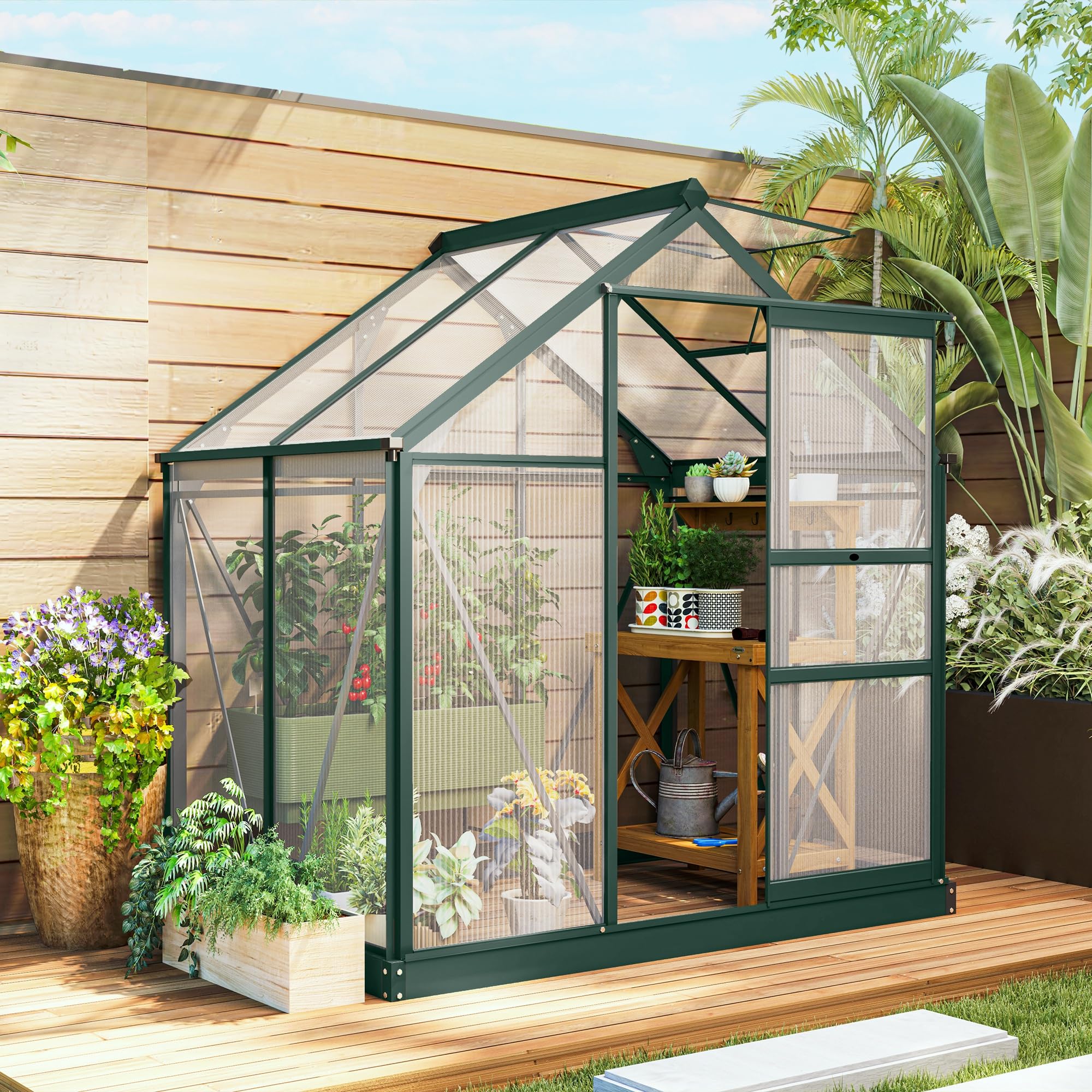 Outsunny 6' x 4' Polycarbonate Walk-in Greenhouse for Outdoor Gardens - Durable Aluminum Frame with Rain Gutter & Roof Vent - Perfect for Backyard, Patio & Home Gardening (Dark Green)