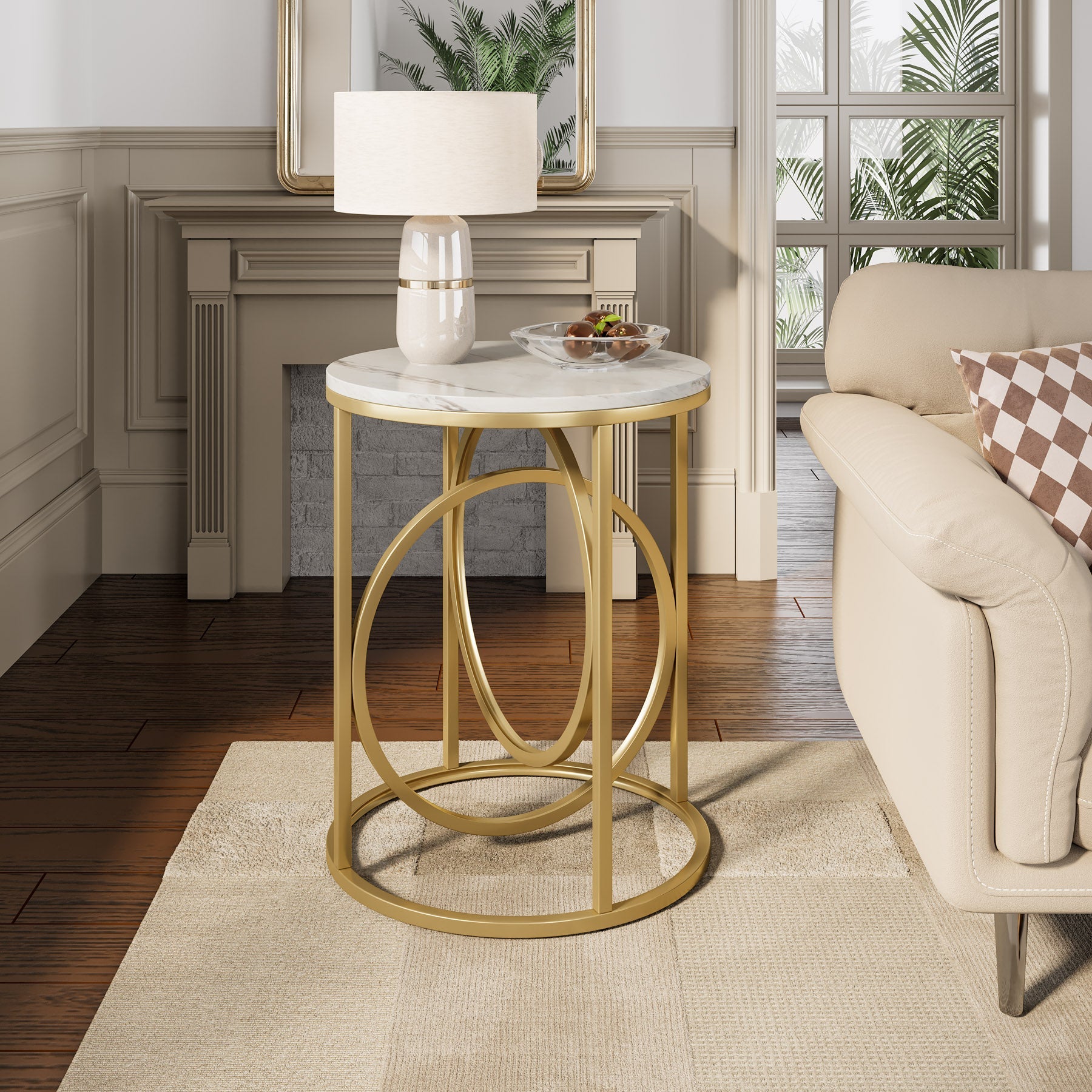 Modern Round End Table with Faux Marble Top - Stylish Sofa Side Table for Living Room, Bedroom & Office Decor