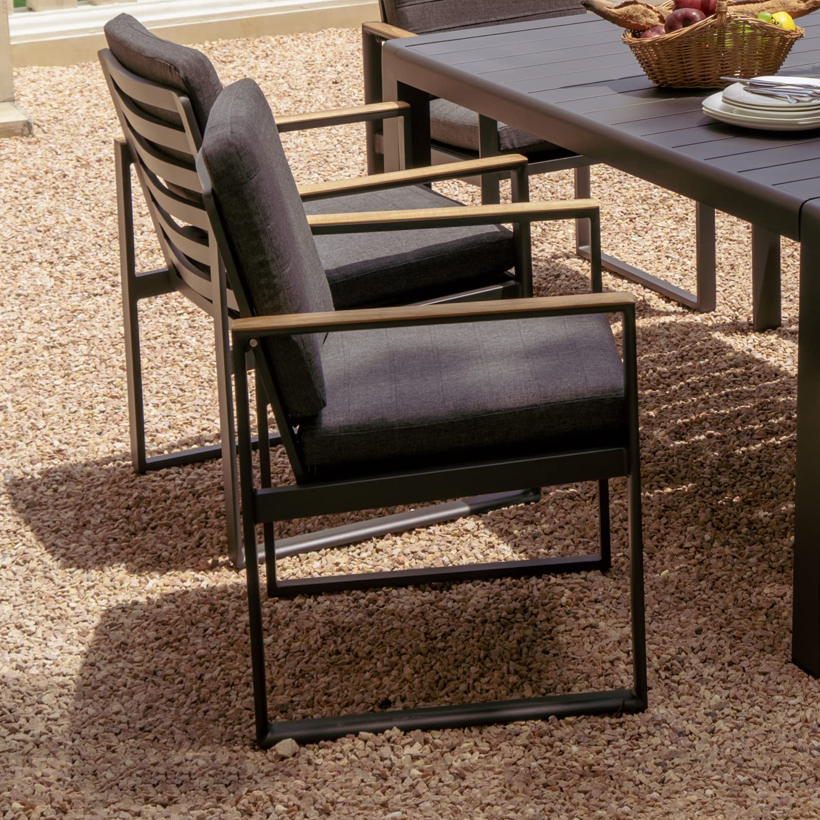 Premium Outdoor Dining Chair Set of 6 - Weather-Resistant Aluminum Patio Chairs with Teak Armrests & Cushions - Grey Garden Furniture for Backyard, Poolside & Restaurant Outdoor Seating