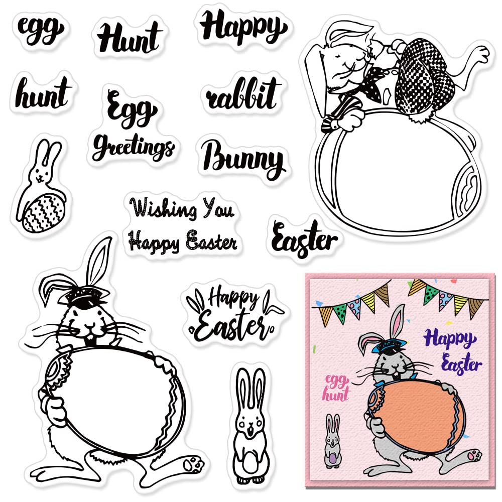 Easter Bunny Clear Rubber Stamps Set - Happy Easter Words & Egg Designs for DIY Card Making, Scrapbooking, Holiday Decorations - Perfect for Greeting Cards, Invitations, and Paper Crafts