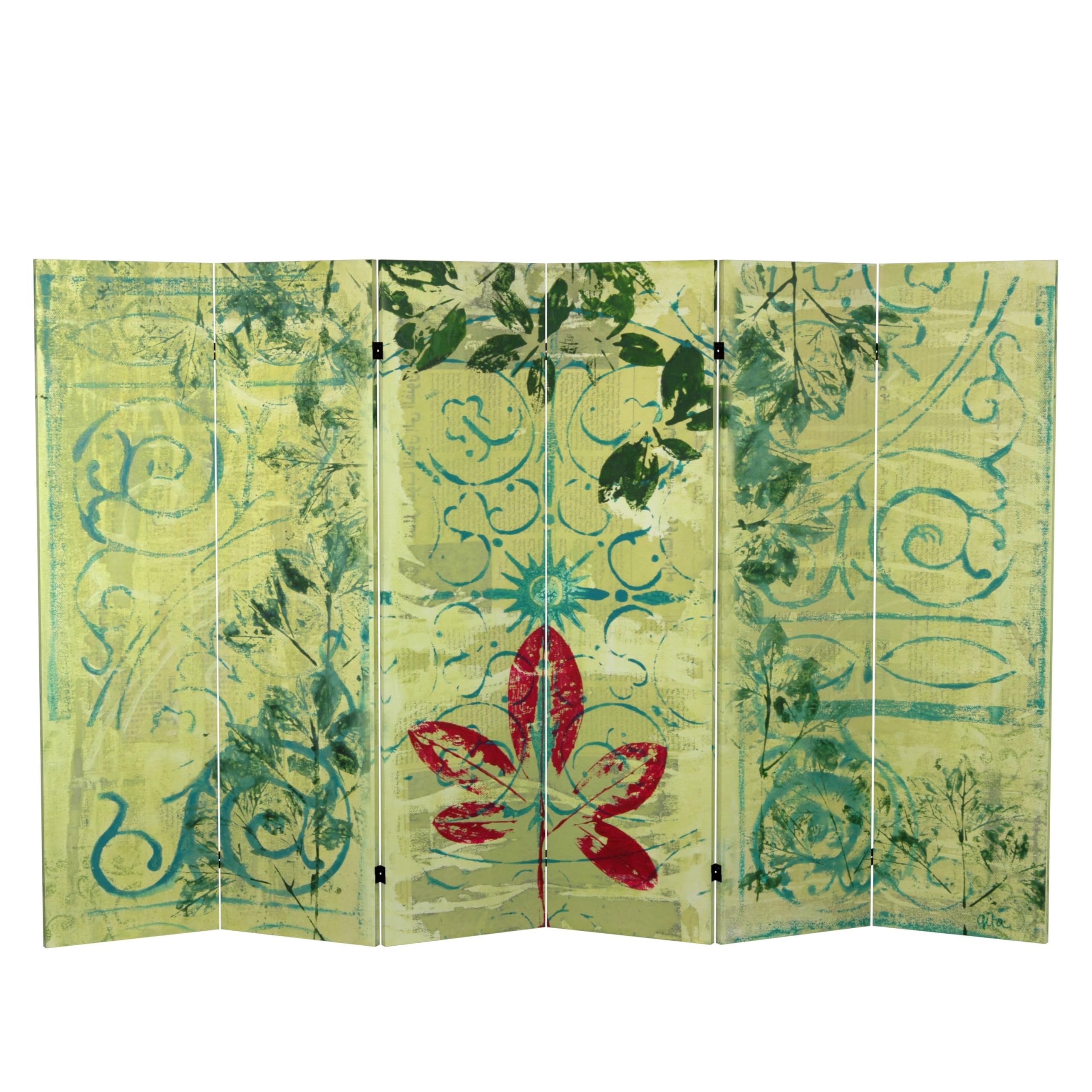 5.25 ft Red Lantern Garden Gate Canvas Room Divider - 6 Panel Folding Privacy Screen (63