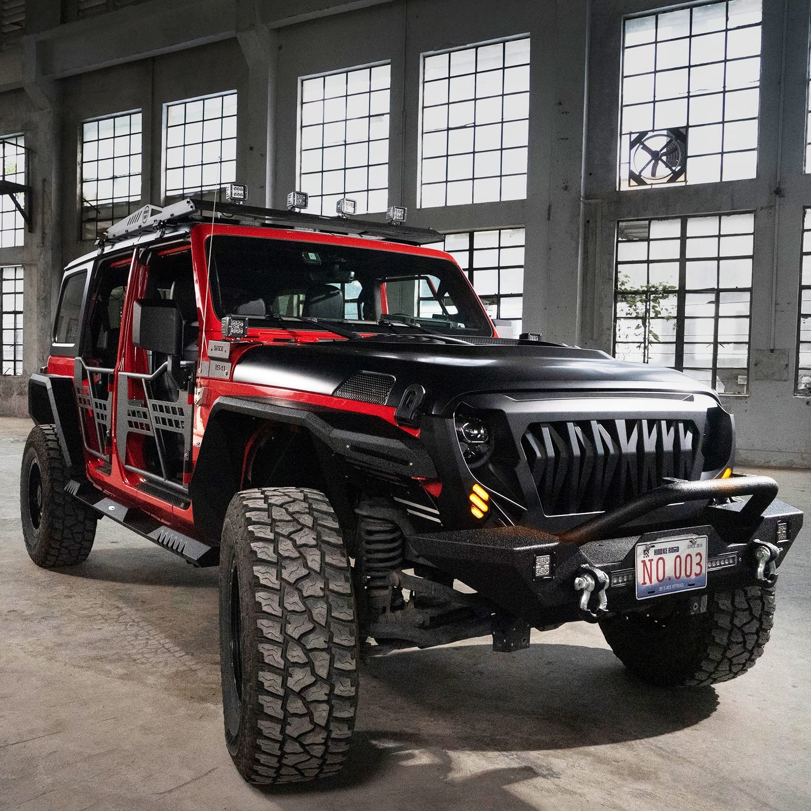 Hooke Road JL/JT Front Grill Cover Shark Grille Guard with Amber Signal Lights for Jeep Wrangler JL JLU & Gladiator JT 2018-2025 | Off-Road Protection & Stylish Upgrade for Adventure Enthusiasts