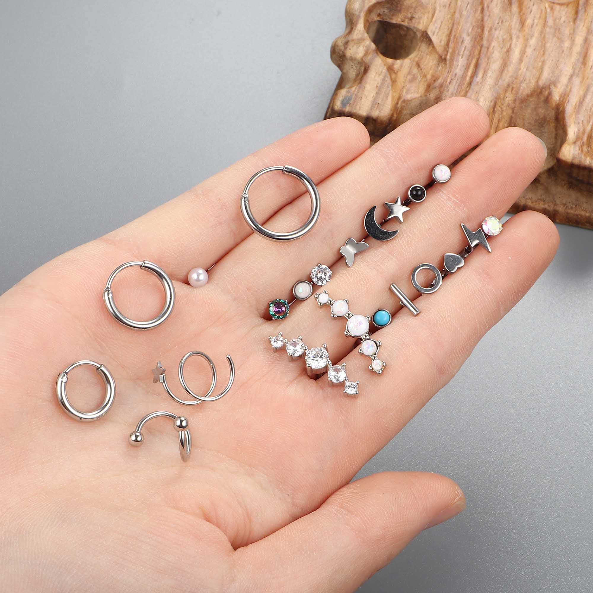 JeweBella 19 Pairs Hypoallergenic Surgical Steel Earrings - Flat Back Studs, Hoops & Cartilage Sleepers for Women & Men | Opal & Zirconia Small Earring Set for Multiple Piercings | Perfect for Daily Wear, Gifts & Piercing Stacks