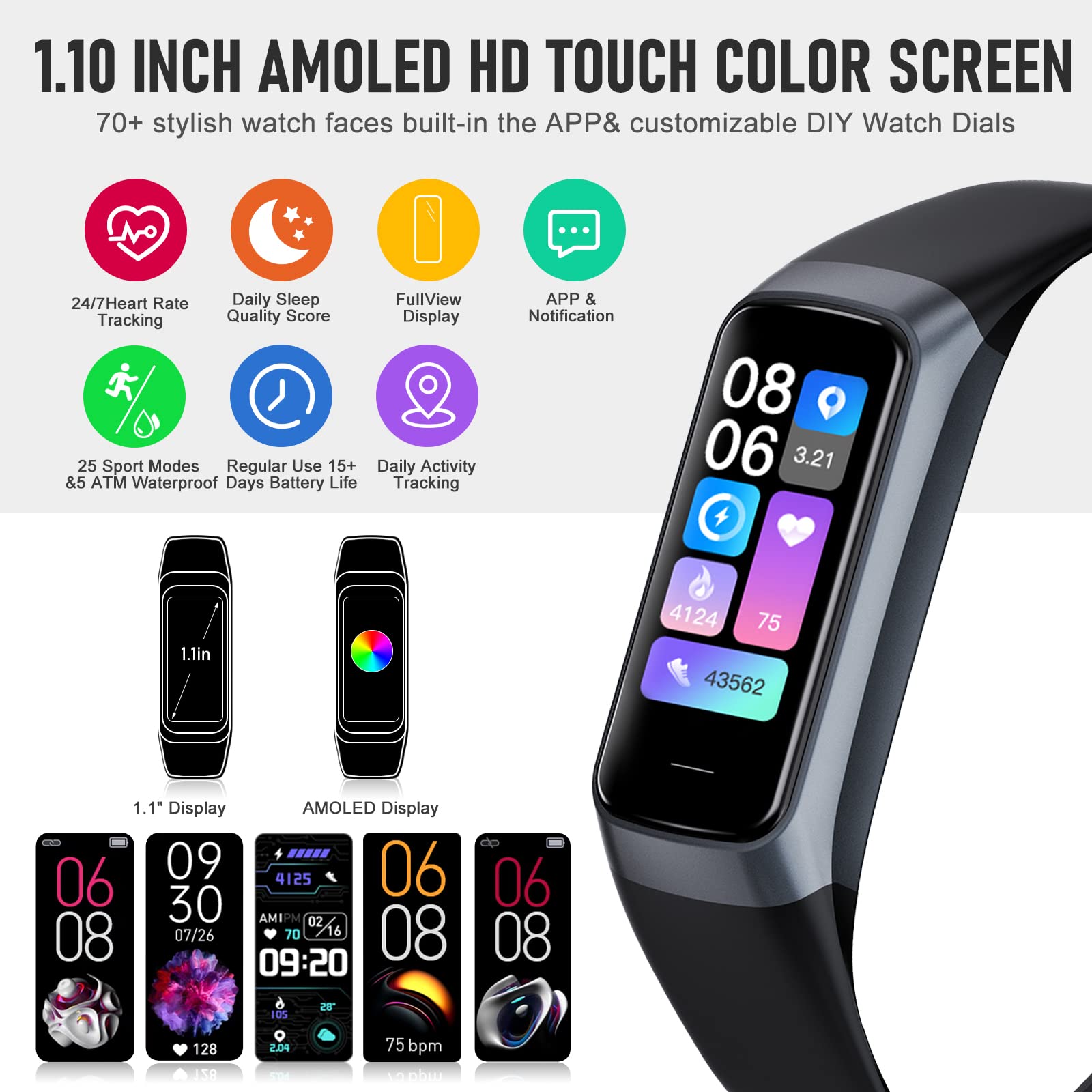 Smart Fitness Tracker Watch with 24/7 Heart Rate Monitor, Blood Oxygen & Blood Pressure Tracking, Sleep Analysis - Step Counter & Activity Tracker for Women & Men - Compatible with Android & iOS - Perfect for Running, Gym Workouts & Daily Health Monitoring