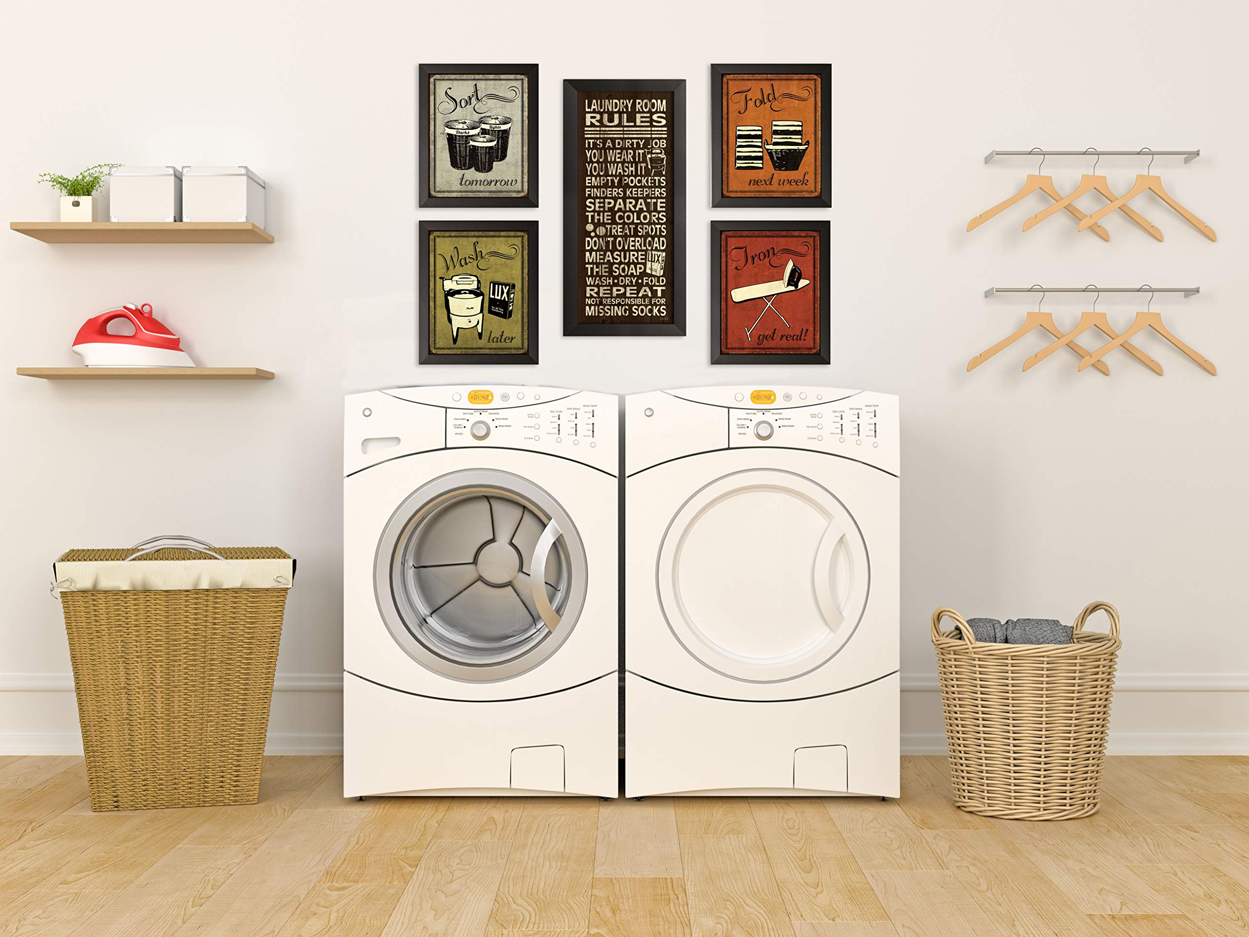 Humorous Laundry Room Rules & Laundry Sign - Set of 4 (8x10 Inch) + 1 (8x18 Inch) Black Framed Wall Art Prints - Ready to Hang - Perfect for Laundry Room Decor, Housewarming Gift & Funny Home Signage