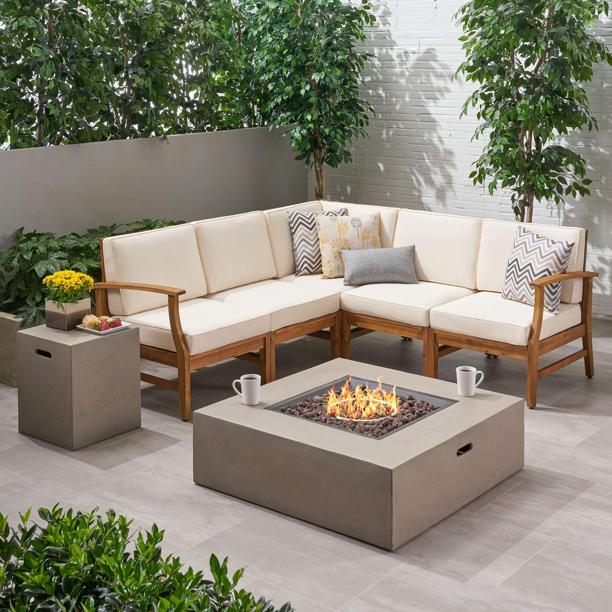 Premium 6-Piece Acacia Wood Outdoor Sofa Set with Square Fire Pit Table & Tank - Teak, Creme & Light Gray Patio Furniture for Backyard, Garden, Poolside & Deck Relaxation