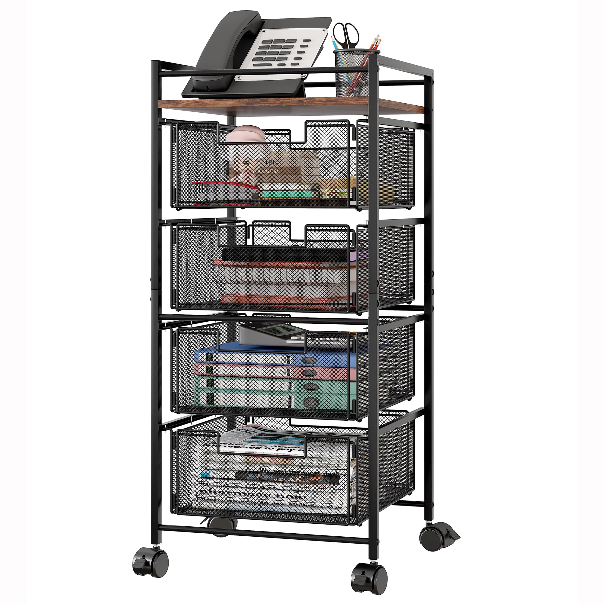 Mobile File Cart with 4 Drawers - Lockable Wheels for Office & Classroom Storage