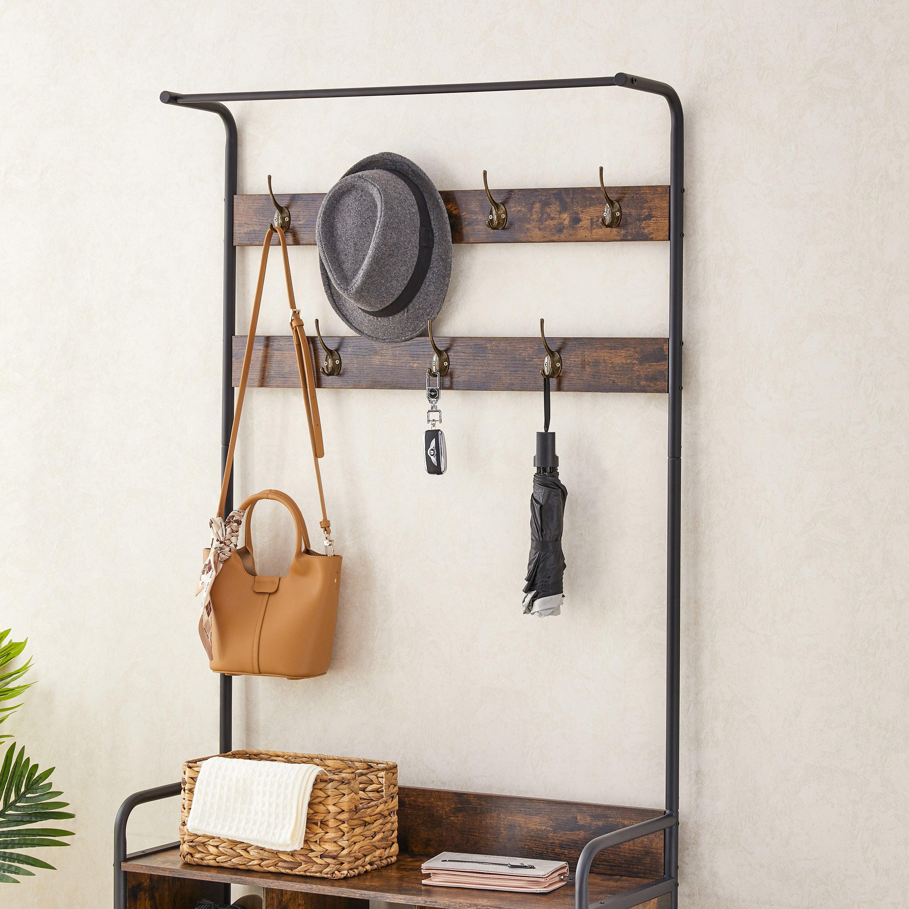 3-in-1 Entryway Coat Rack with Shoe Storage & 7 Hooks - Hall Tree Organizer for Jackets, Hats & Shoes - Perfect for Mudroom, Foyer & Small Space Organization