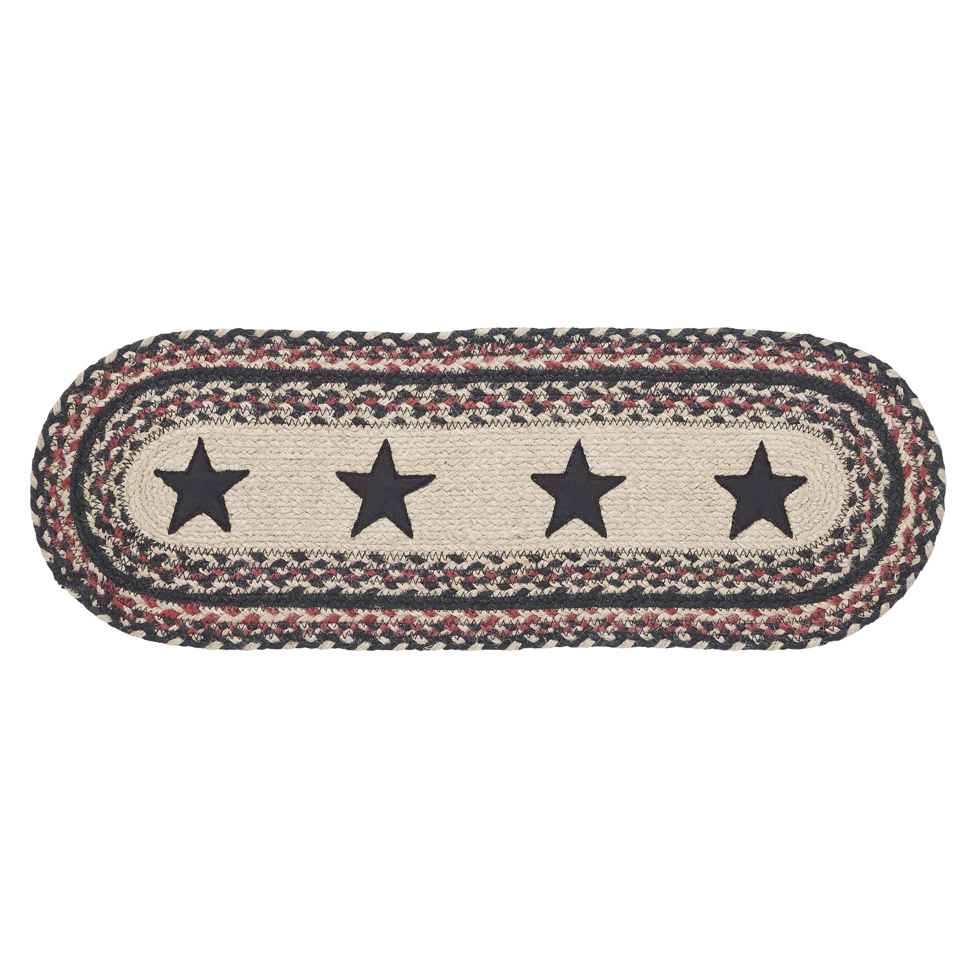 VHC Brands Colonial Star Braided Jute Table Runner - Oval Shape 8x24 Inches in Tan, Red & Black - Rustic Farmhouse Decor for Dining Tables, Weddings & Home Centerpieces