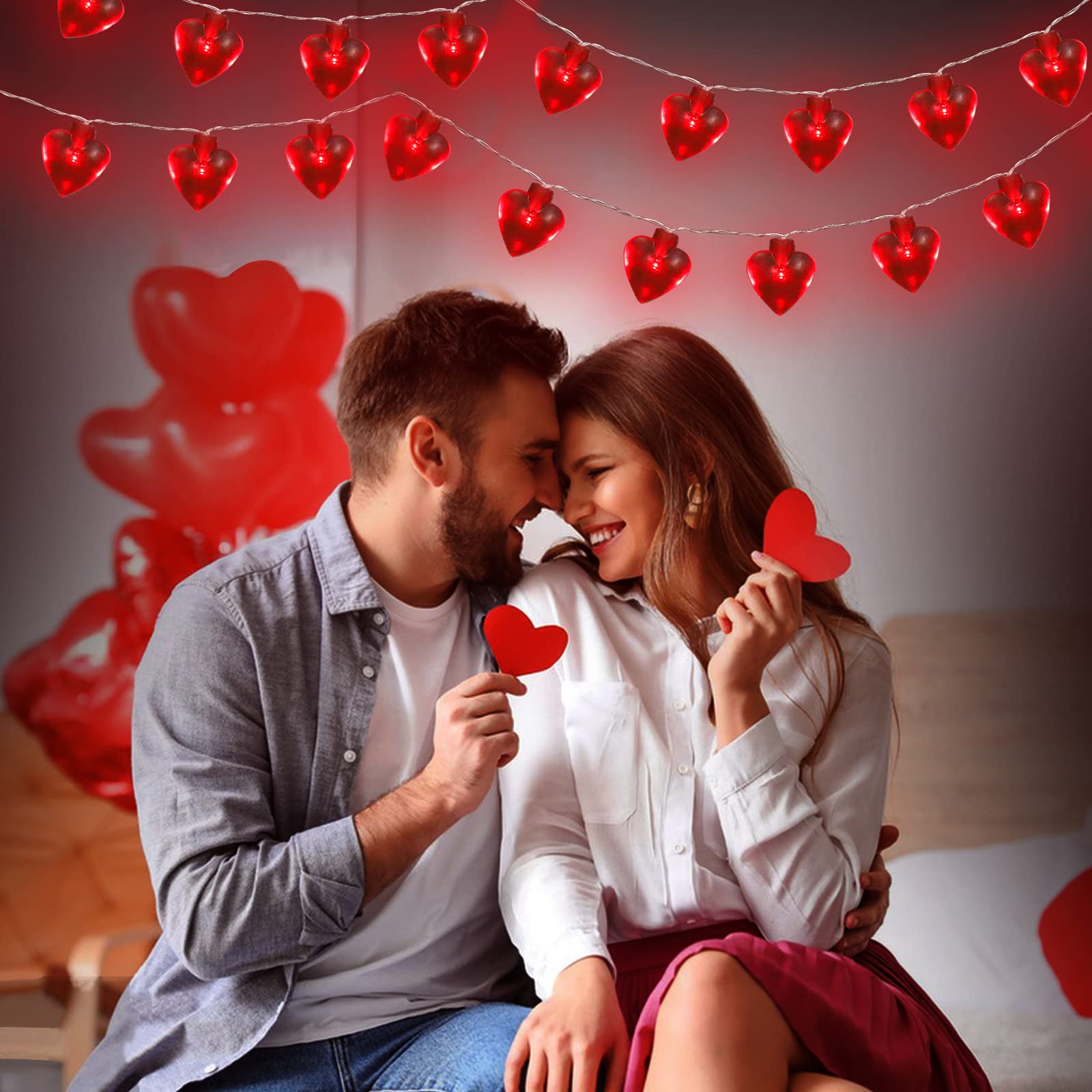 Valentine's Day Heart String Lights - 14.5ft 40LED Battery Operated Fairy Lights with 8 Modes, Romantic Heart Shaped Lights for Indoor Outdoor Decor, Home, Wedding, Party, and Garden Lighting