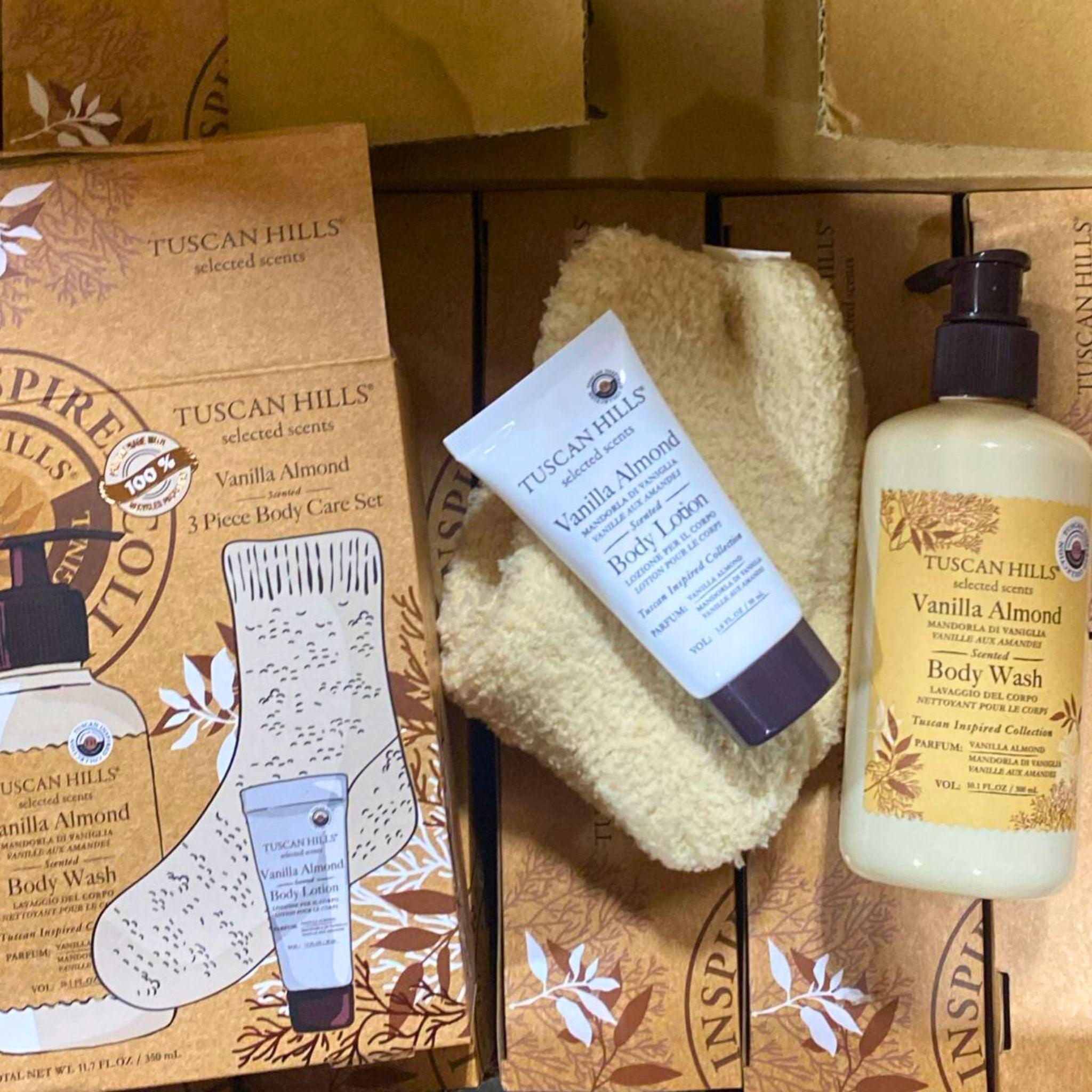 Tuscan Hills Vanilla Almond Scented 3-Piece Body Care Gift Set - Body Wash, Lotion & Hand Cream (23-Piece Bulk Lot) - Perfect for Spa Day, Self-Care & Holiday Gifting