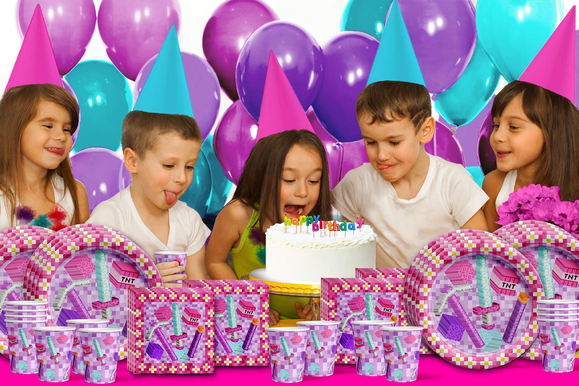 Girl's Pixel Mining Theme Birthday Party Supplies Set - 16-Piece Tableware Kit with Plates, Napkins & Cups - Perfect for Kids' Birthday Celebrations & Themed Parties
